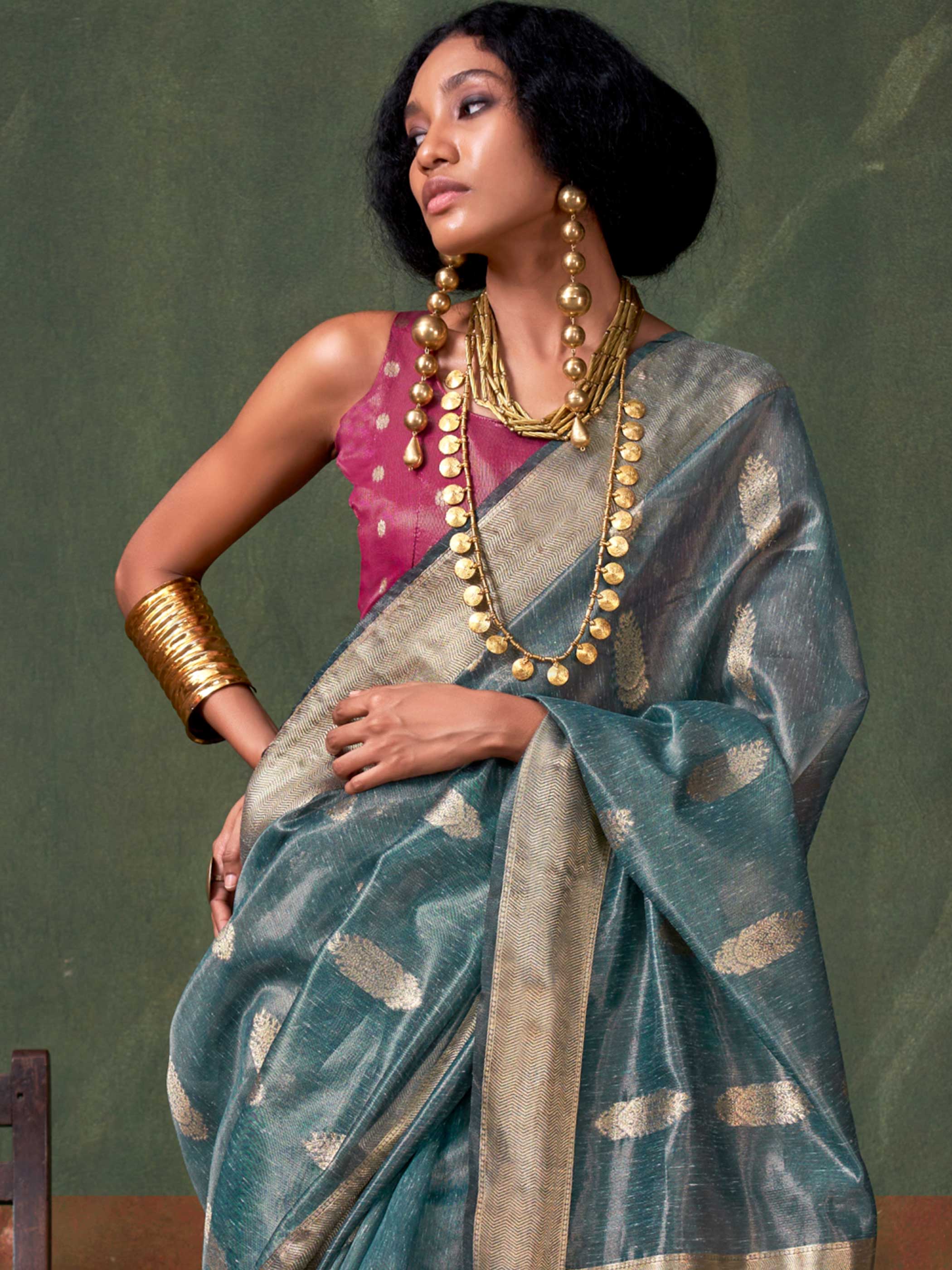 Teal Blue Paithani Banarasi Tissue Silk Saree with Zari - Image 2