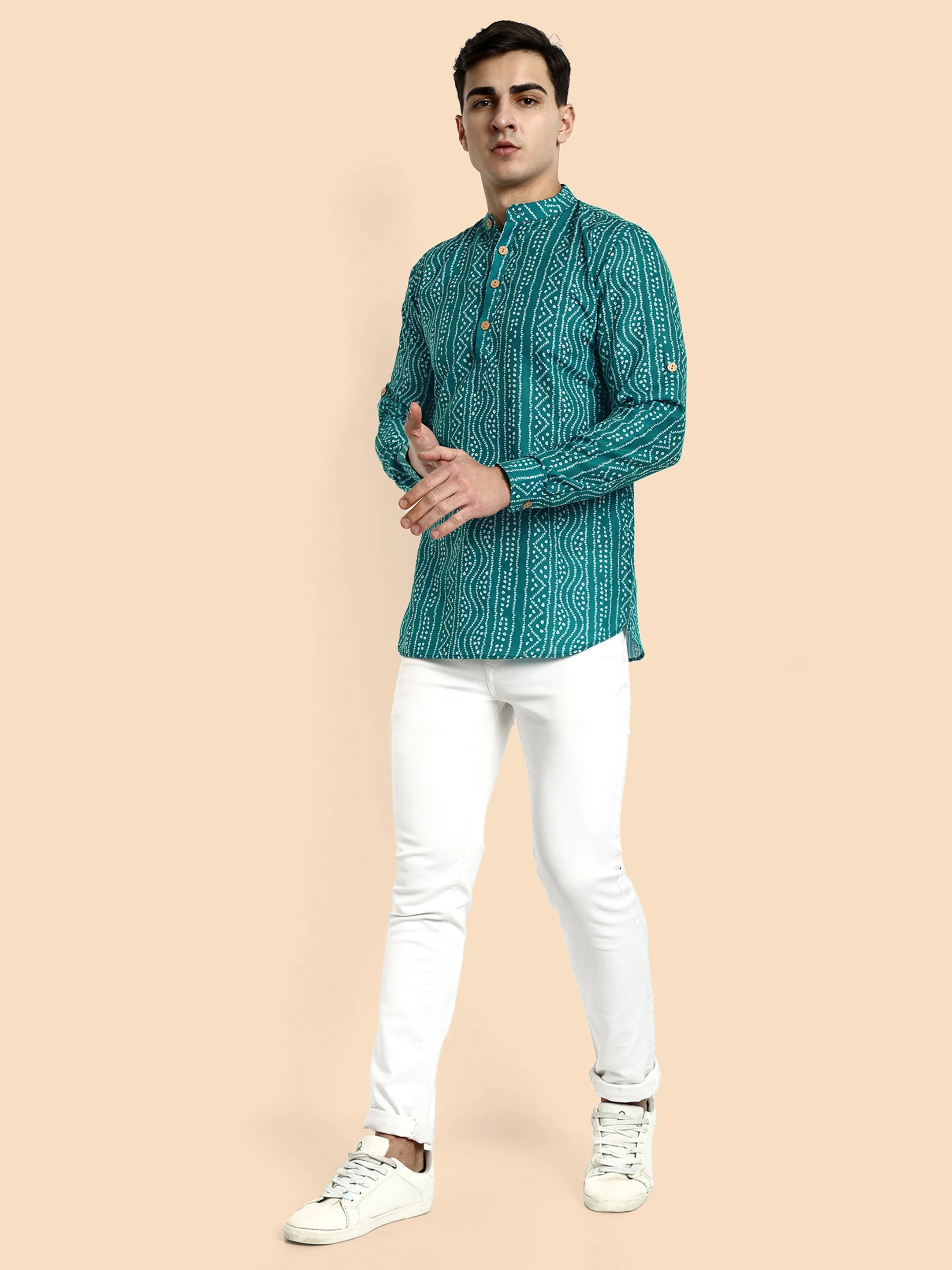 Teal Blue Printed Men's Short Kurta - Image 3