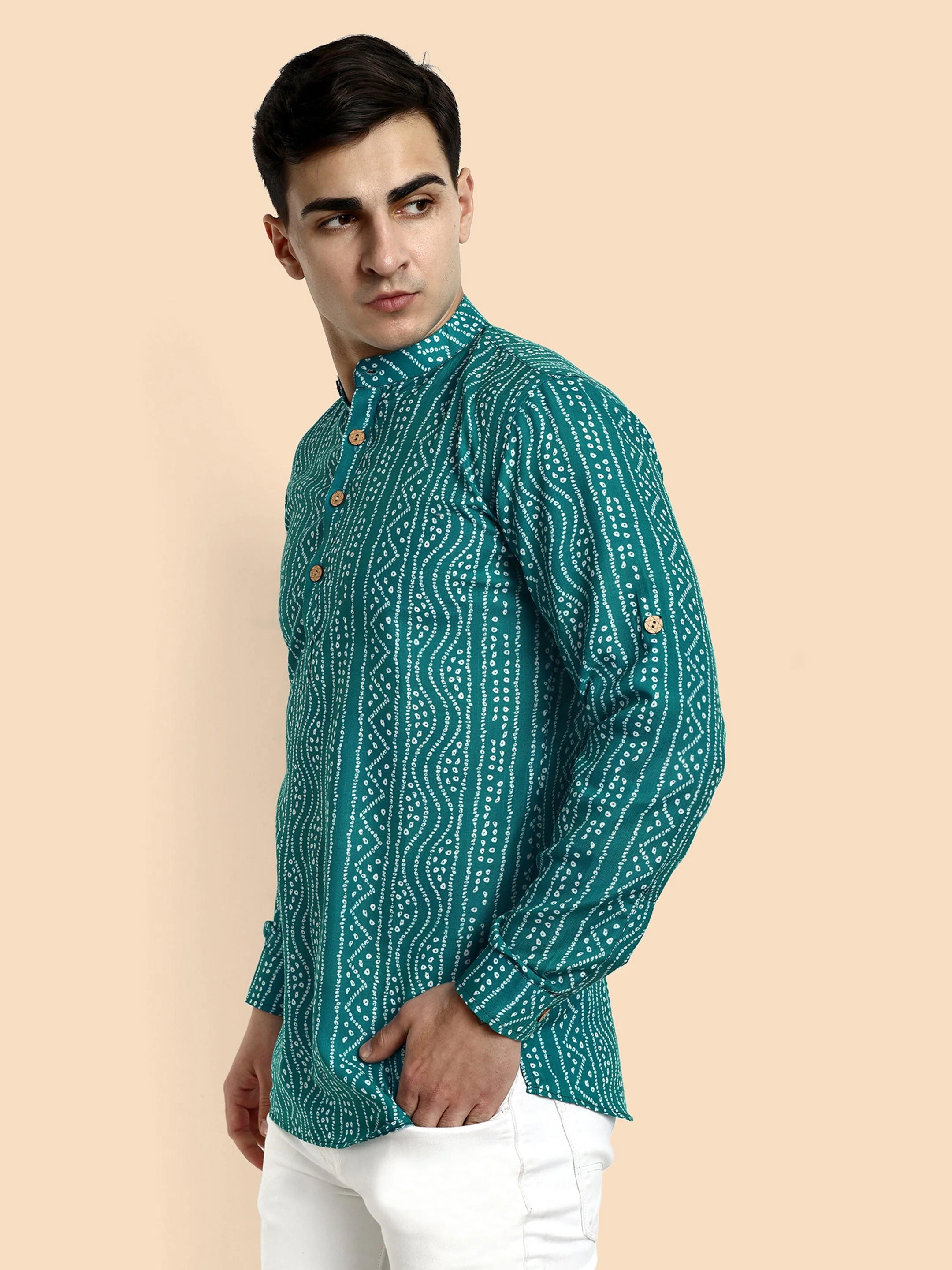 Teal Blue Printed Men's Short Kurta - Image 4