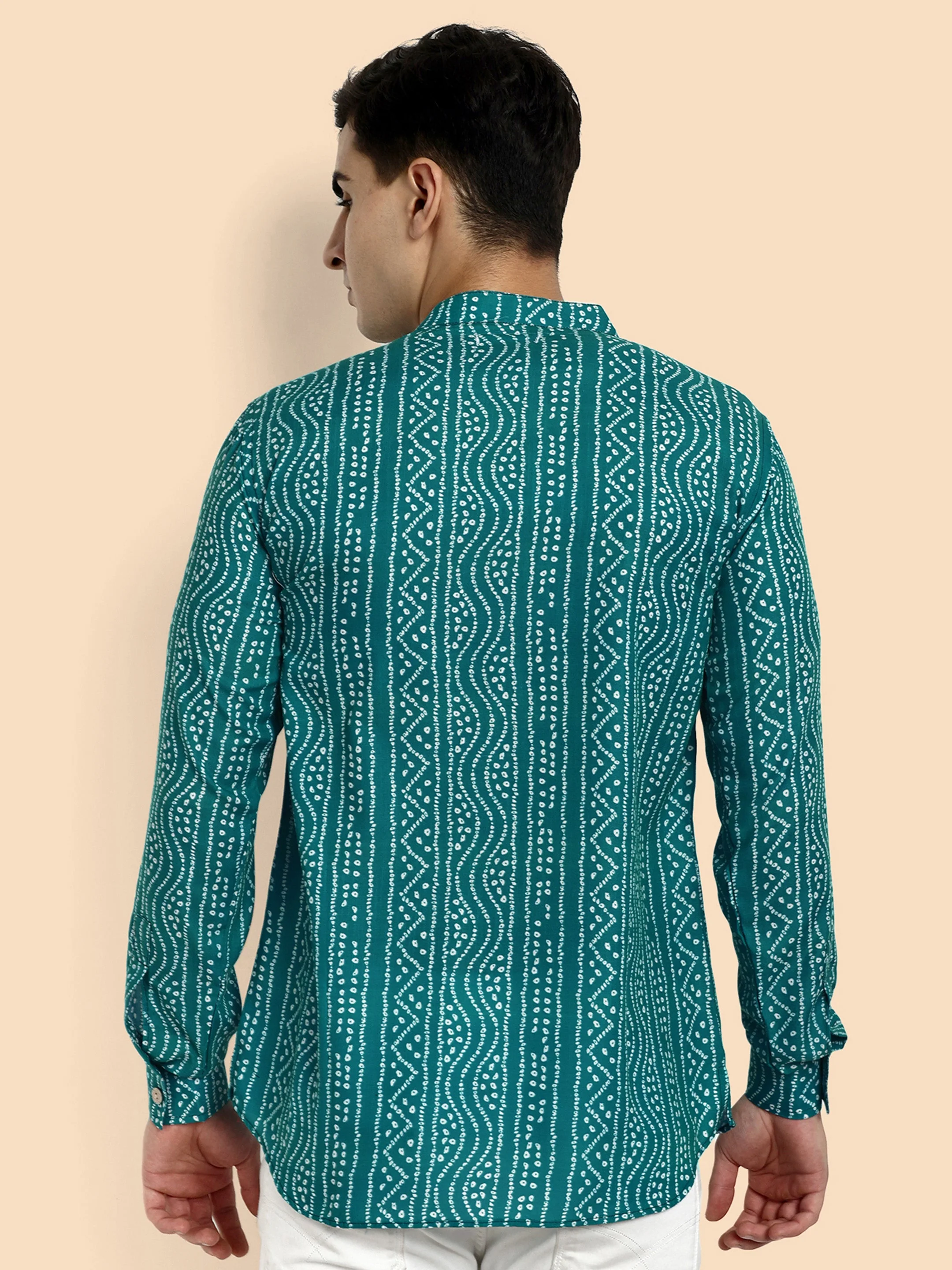 Teal Blue Printed Men's Short Kurta - Image 5