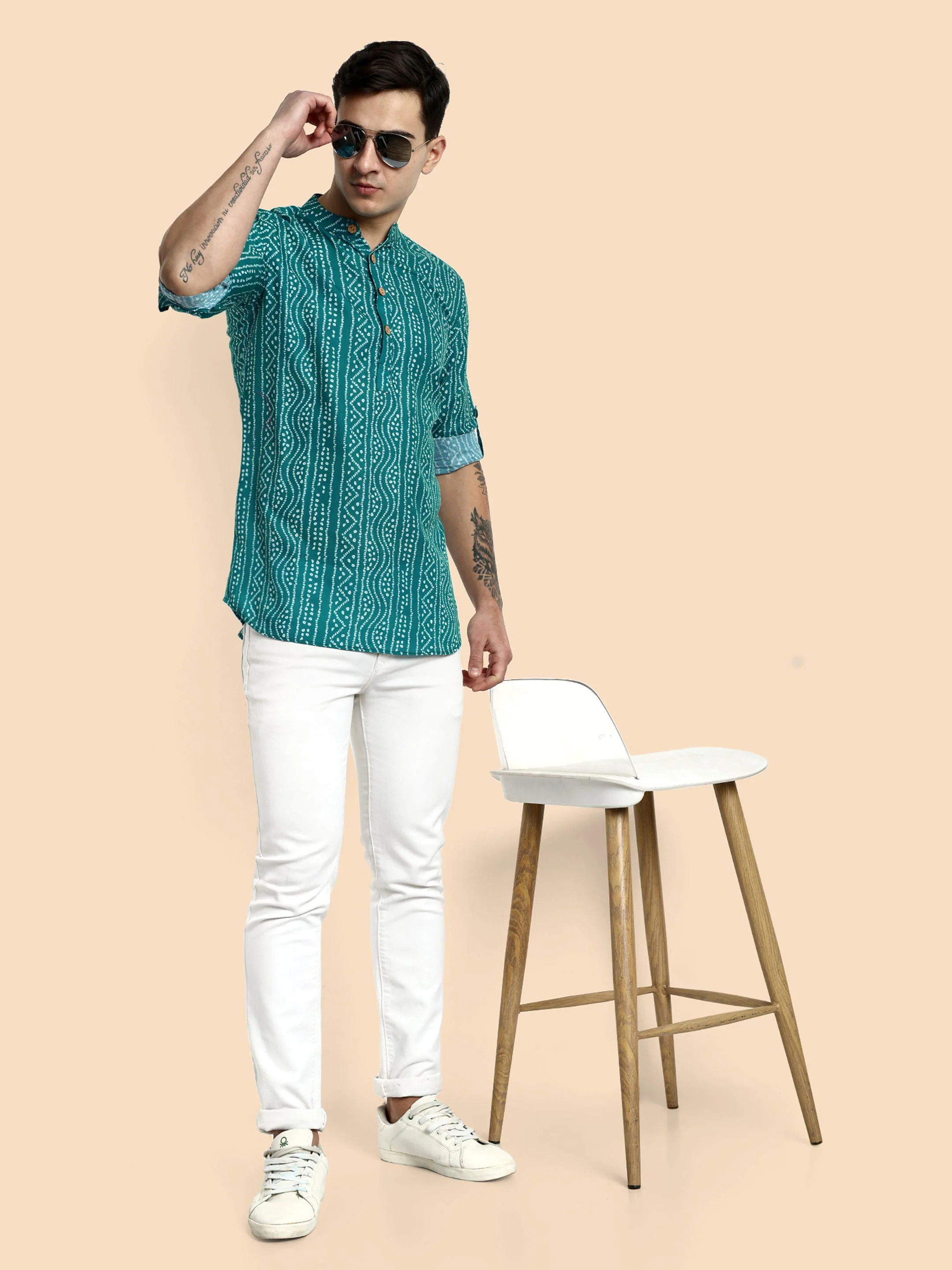 Teal Blue Printed Men's Short Kurta - Image 6