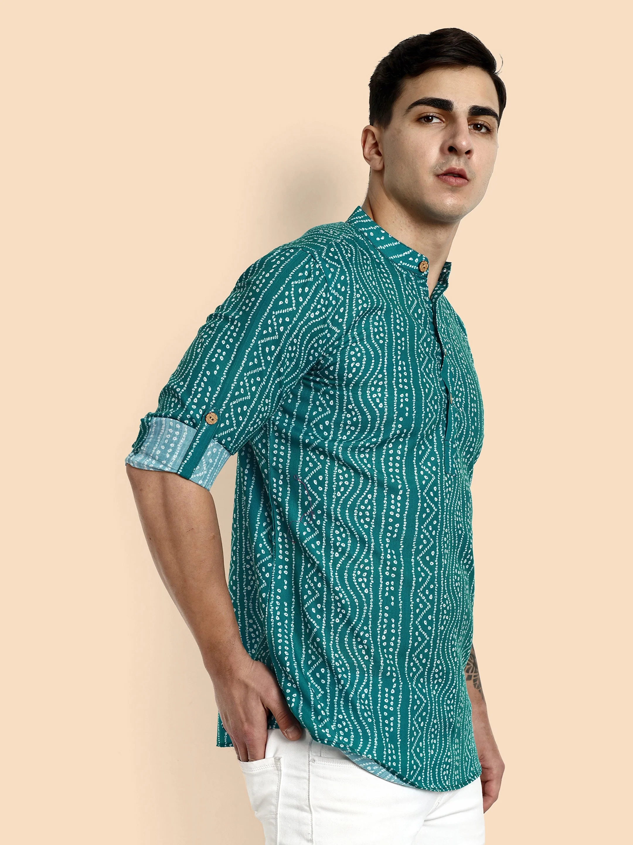 Teal Blue Printed Men's Short Kurta - Image 7
