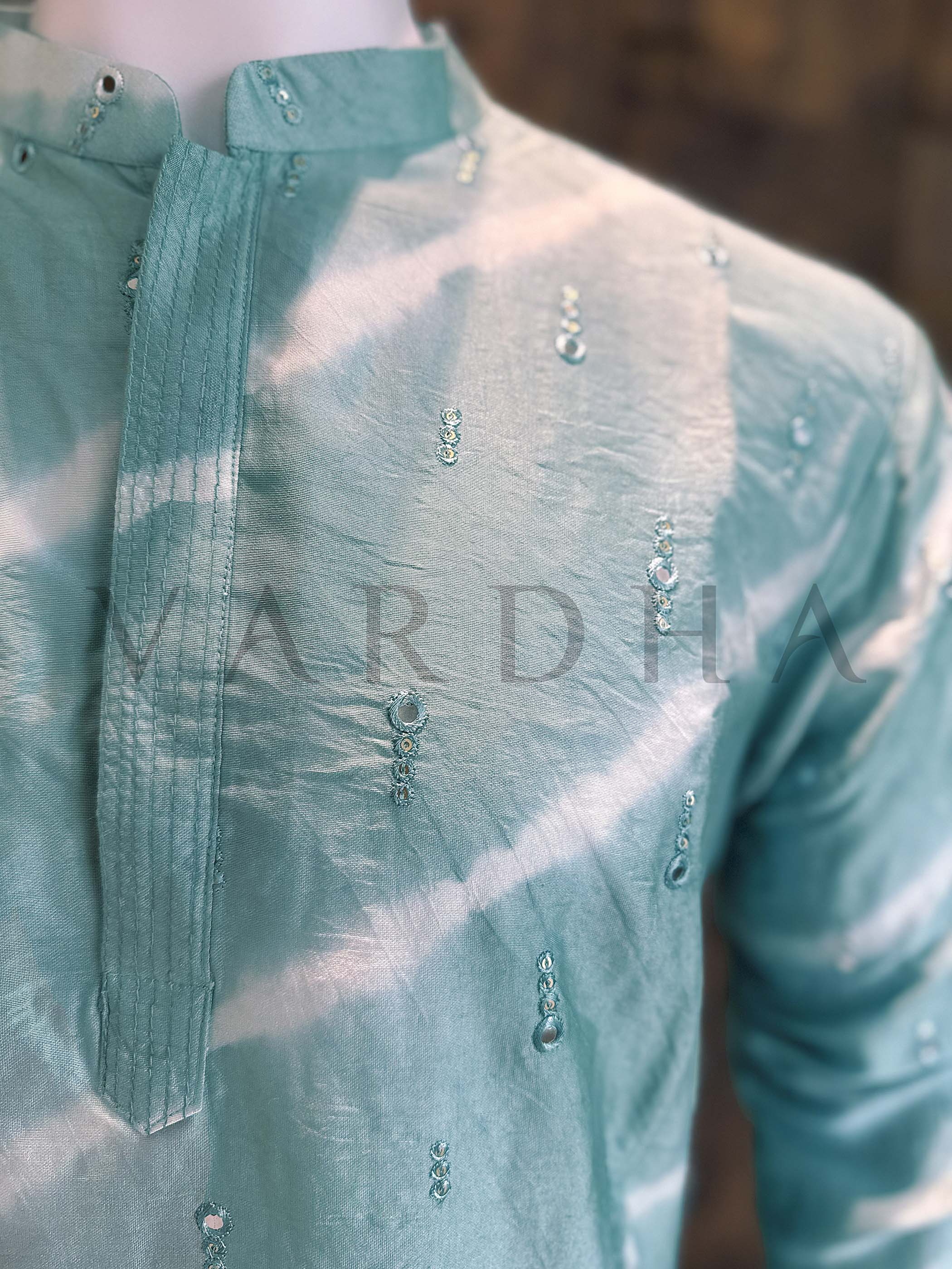 Teal Blue Viscose Kurta with Diagonal Tie-Dye and Sequins - Image 4