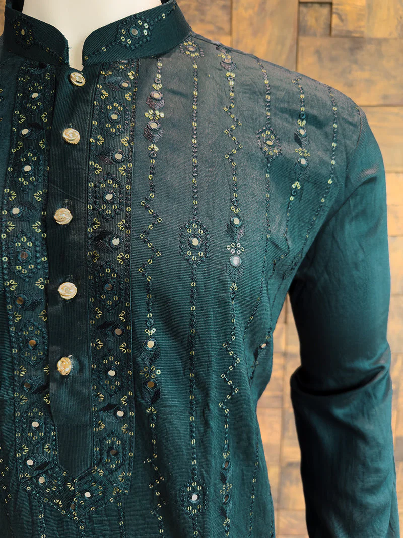 Teal Blue Viscose Kurta with Vertical Mirror Work & Thread Embroidery - Image 4