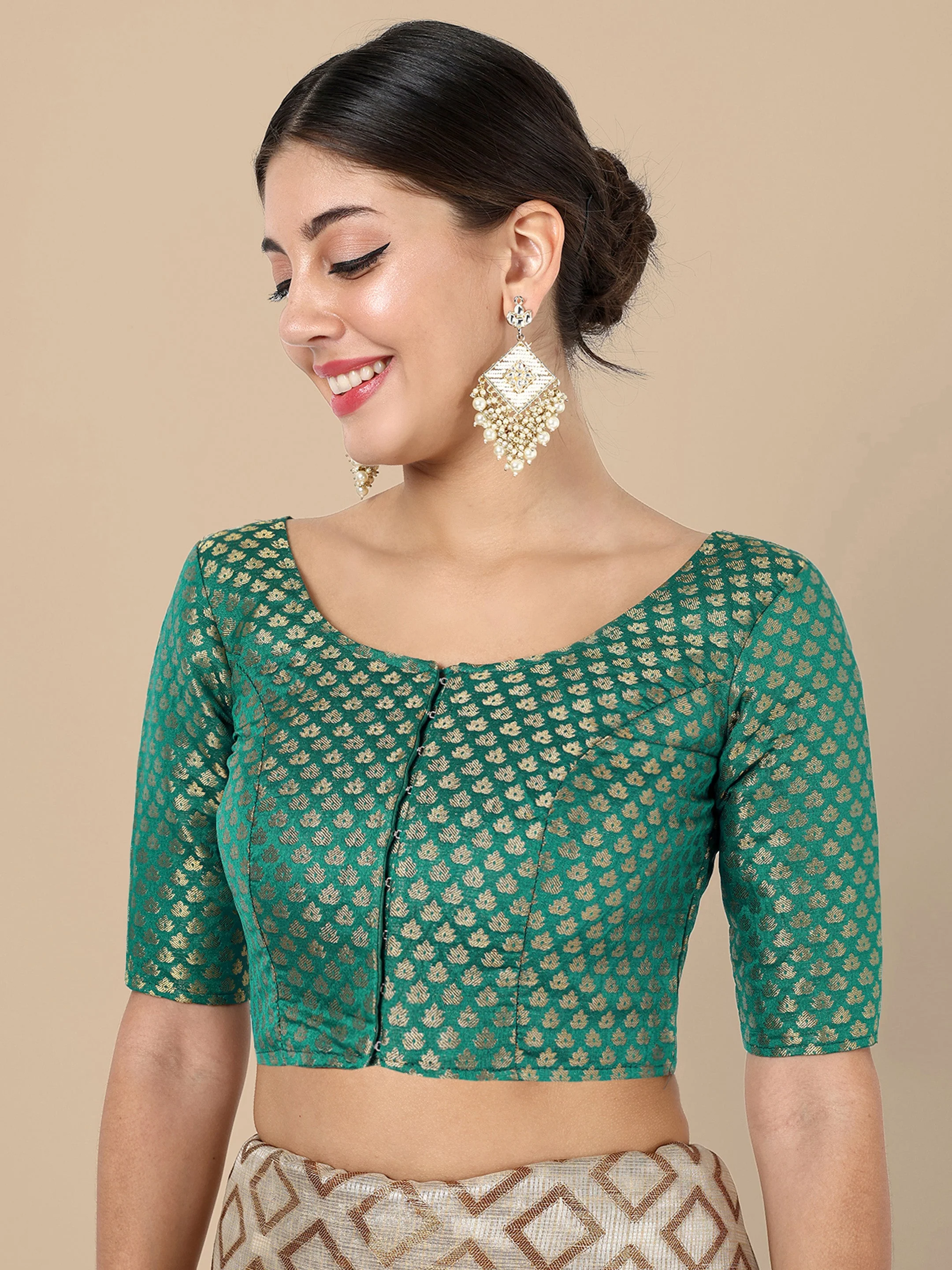Teal Round Neck Brocade Blouse - Image 4