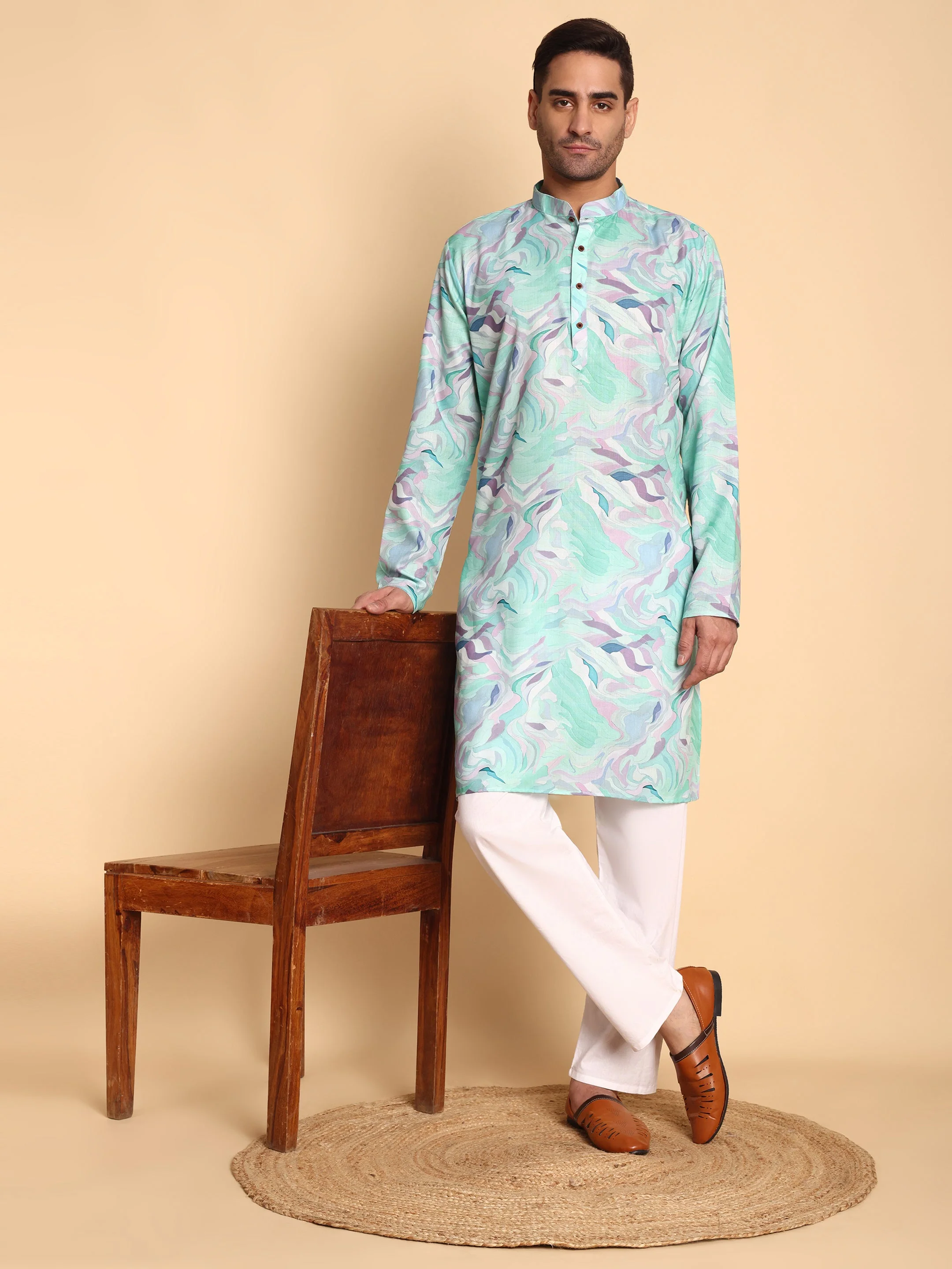 Traditional Blue Impressionist Printed Men's Cotton Kurta - Image 3
