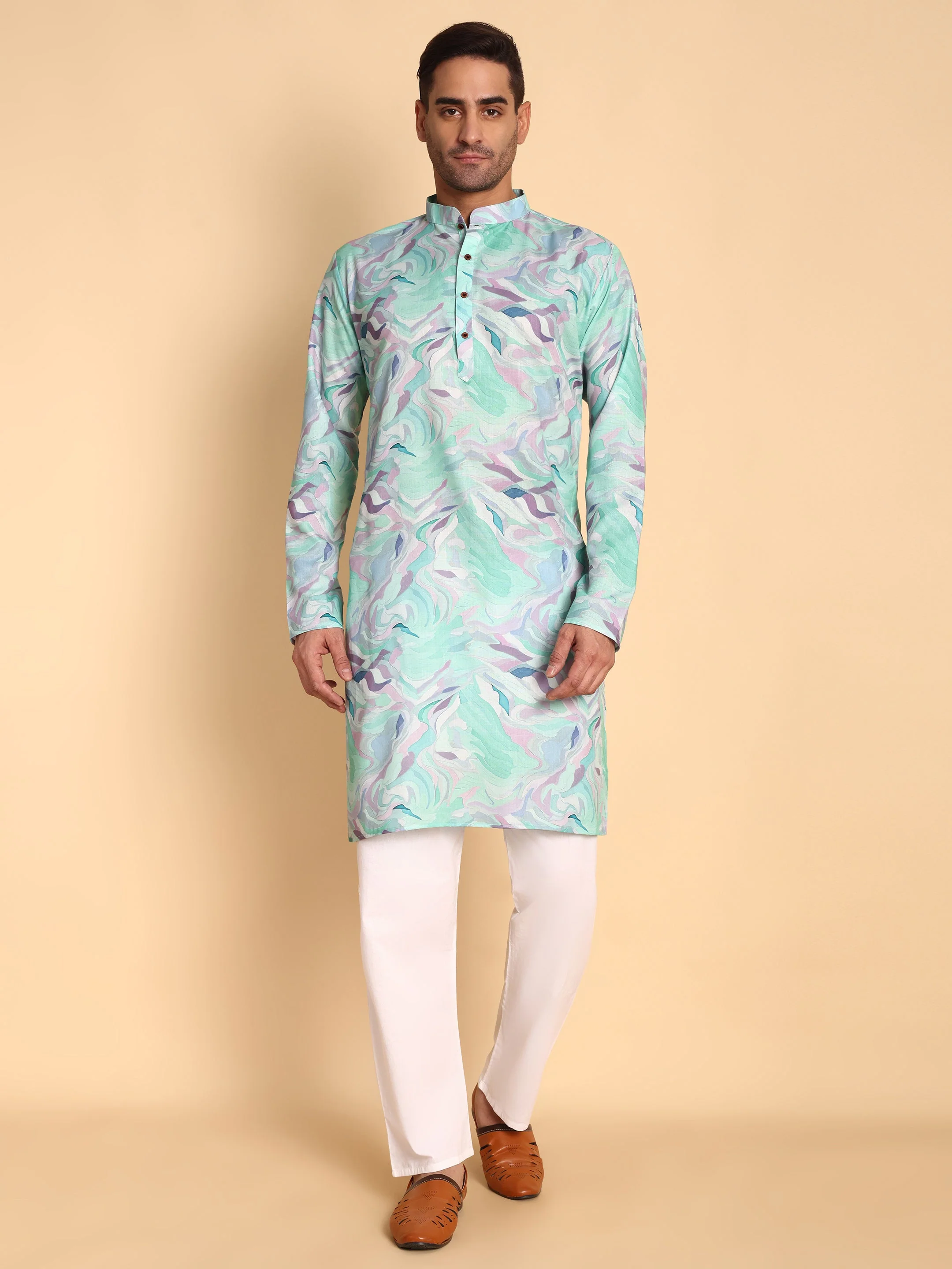 Traditional Blue Impressionist Printed Men's Cotton Kurta - Image 9