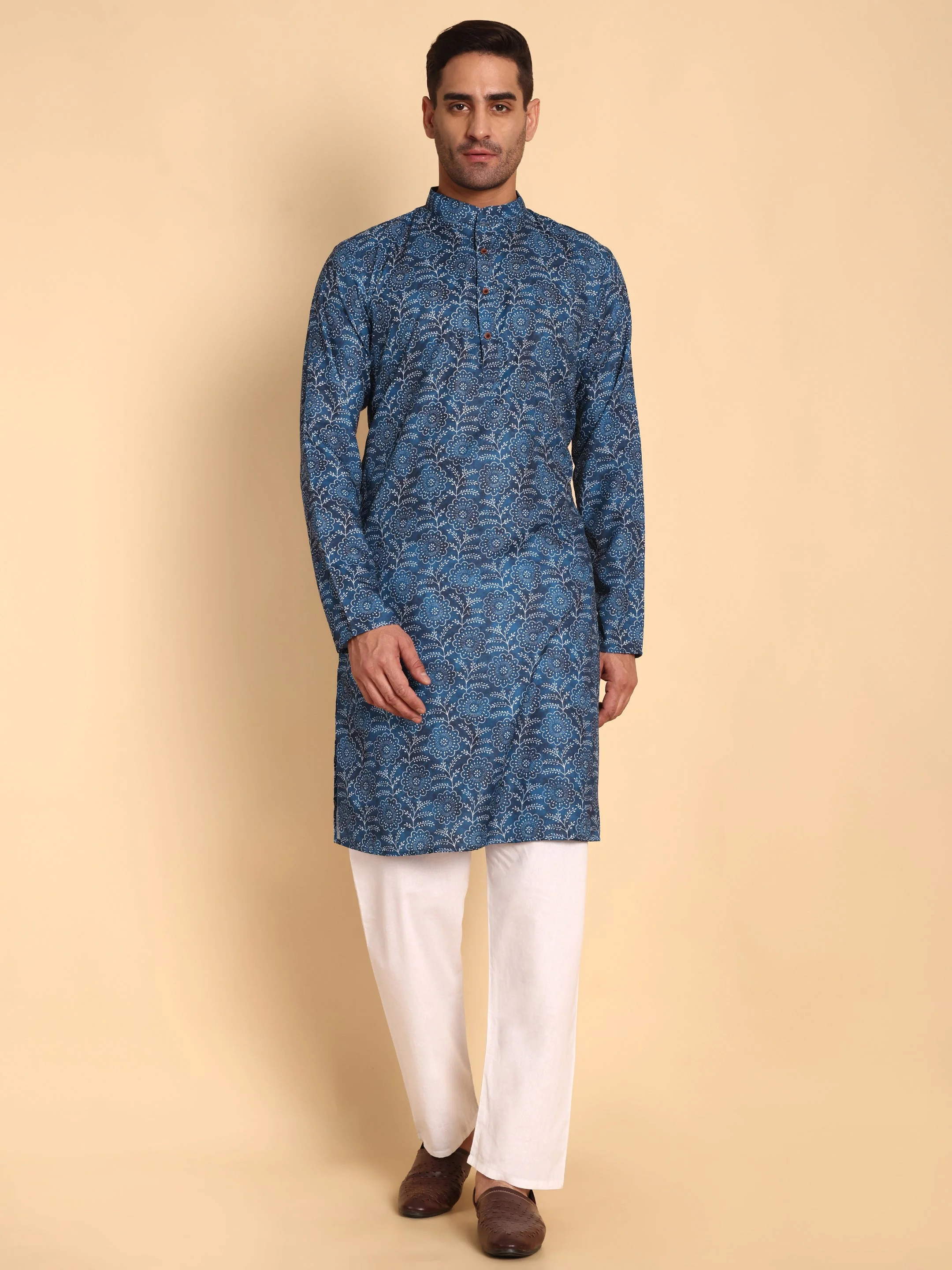 Traditional Blue Lily Pad Printed Men's Cotton Kurta - Image 3