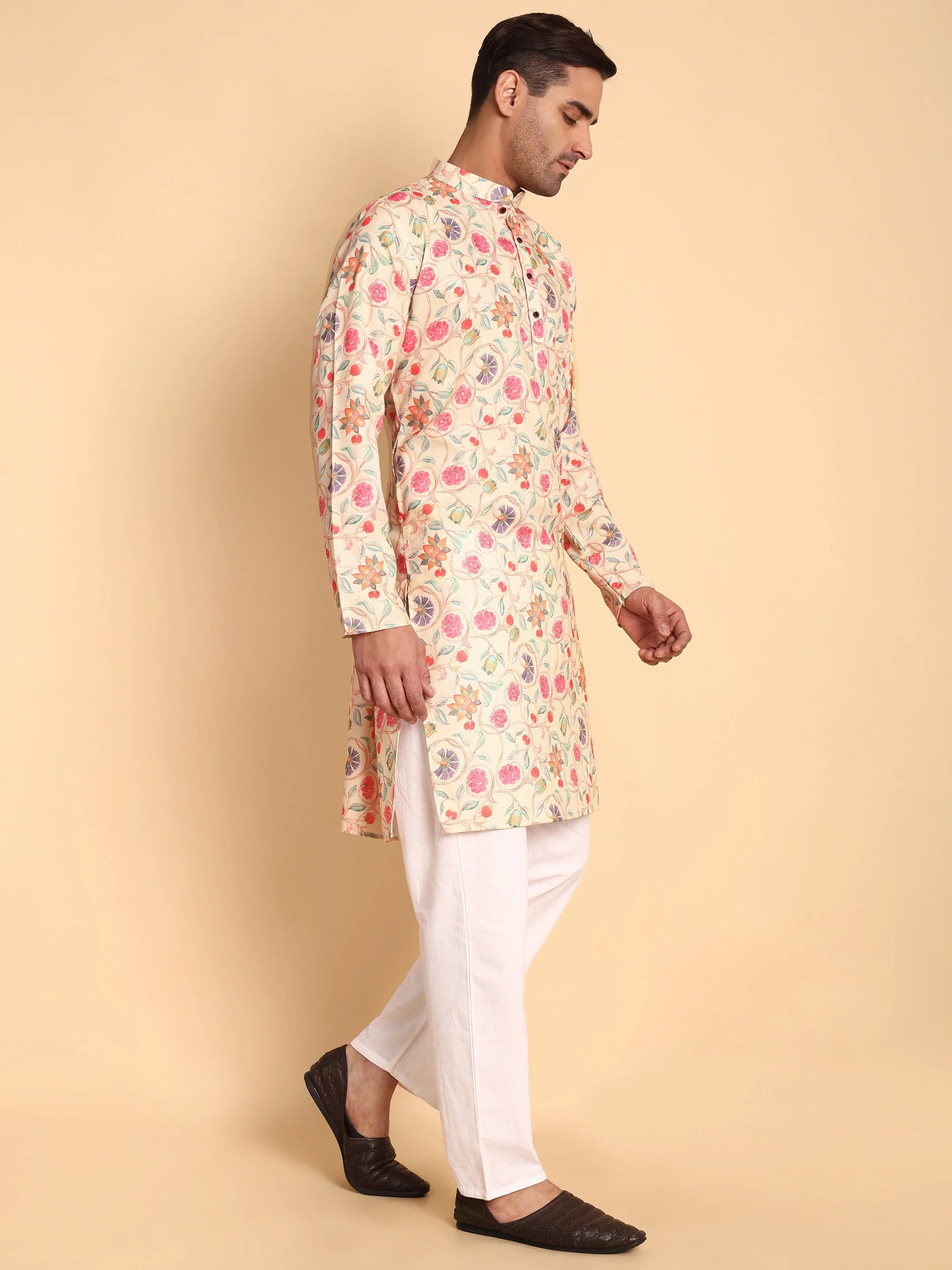 Traditional Chikoo Art Nouveau Batik Printed Men's Cotton Kurta - Image 5