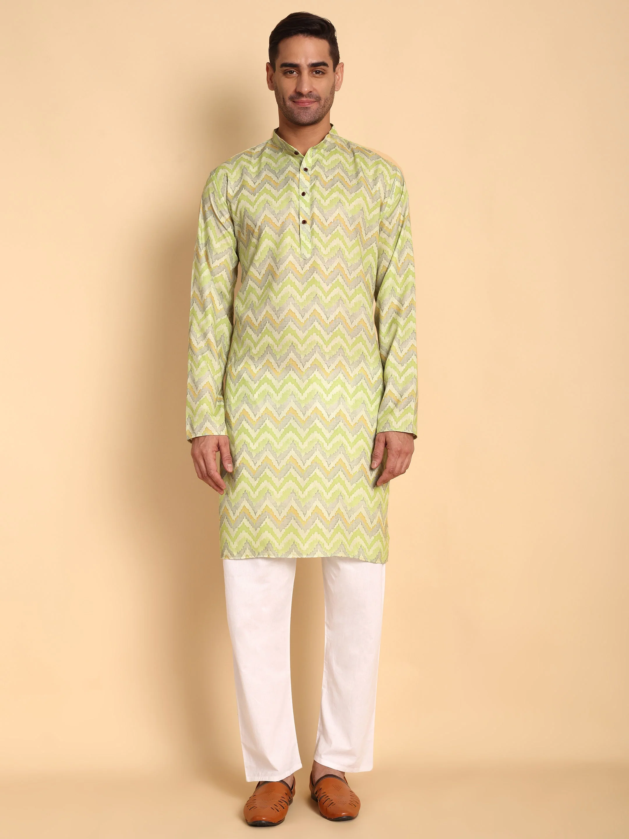 Traditional Green Flamestitch Cheveron Printed Men's Cotton Kurta - Image 5