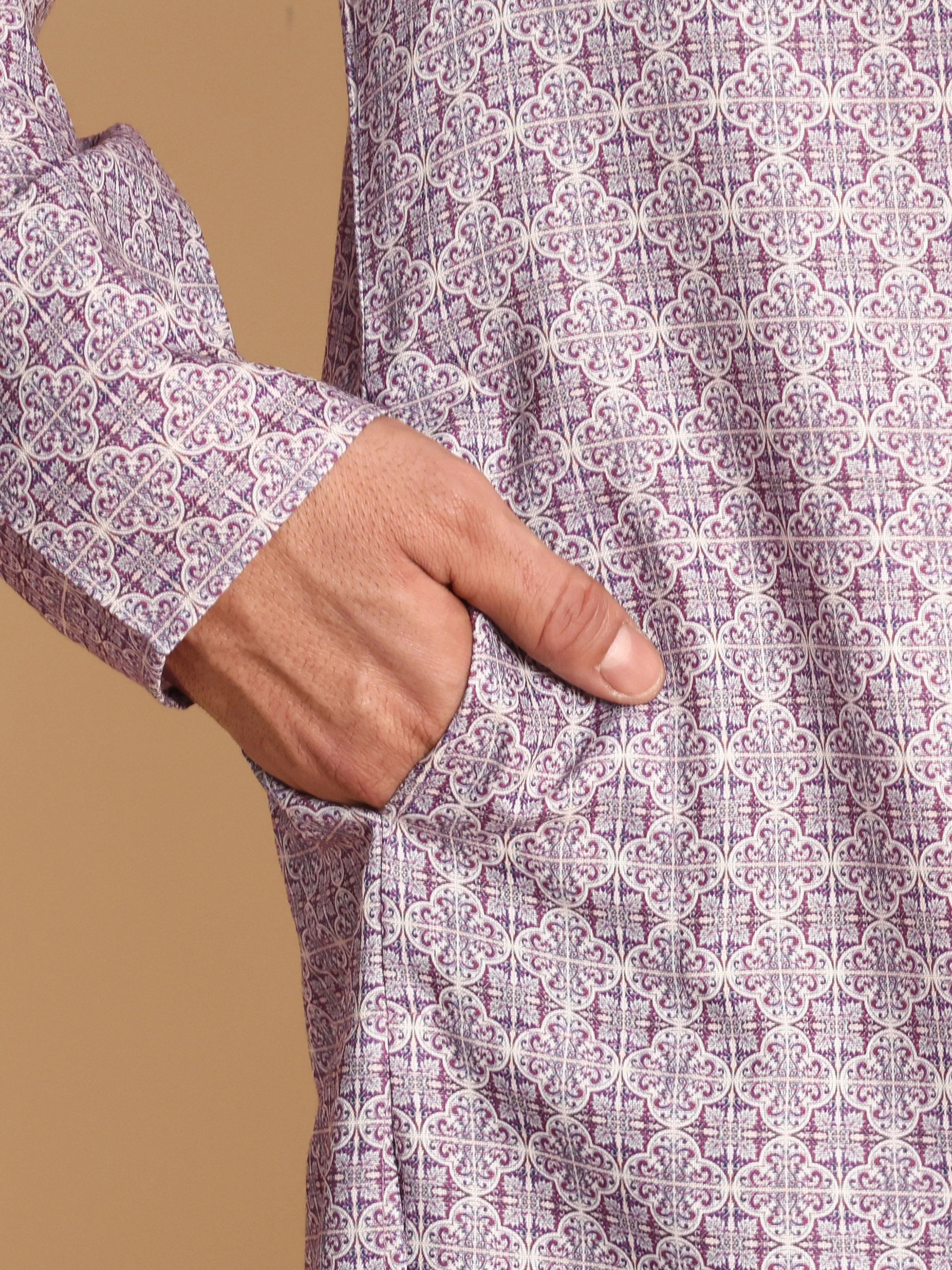 Traditional Lavender Arabesque Batik Printed Men's Cotton Kurta - Image 6