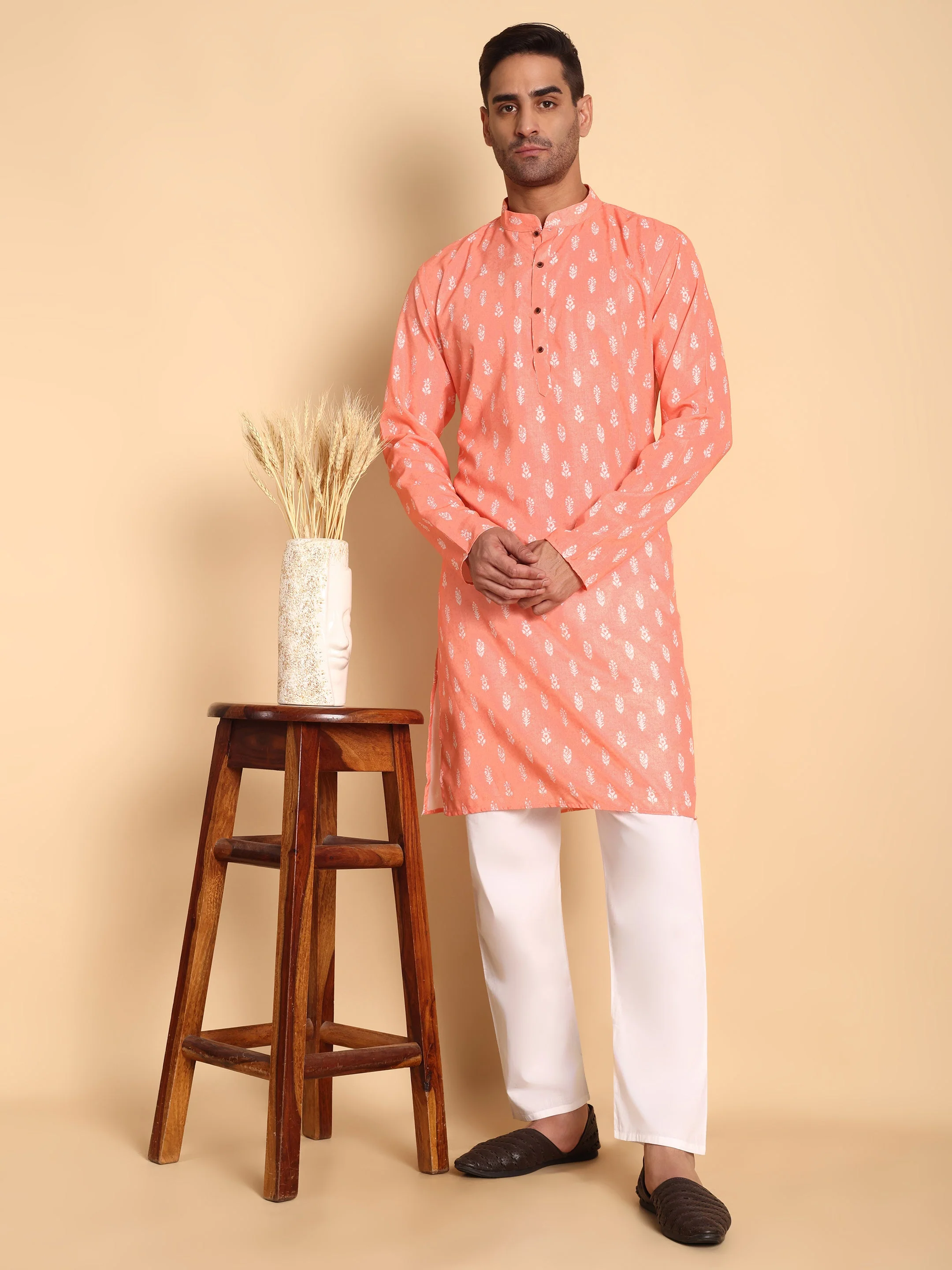 Traditional Peach Botalical Damask Printed Men's Cotton Kurta - Image 3