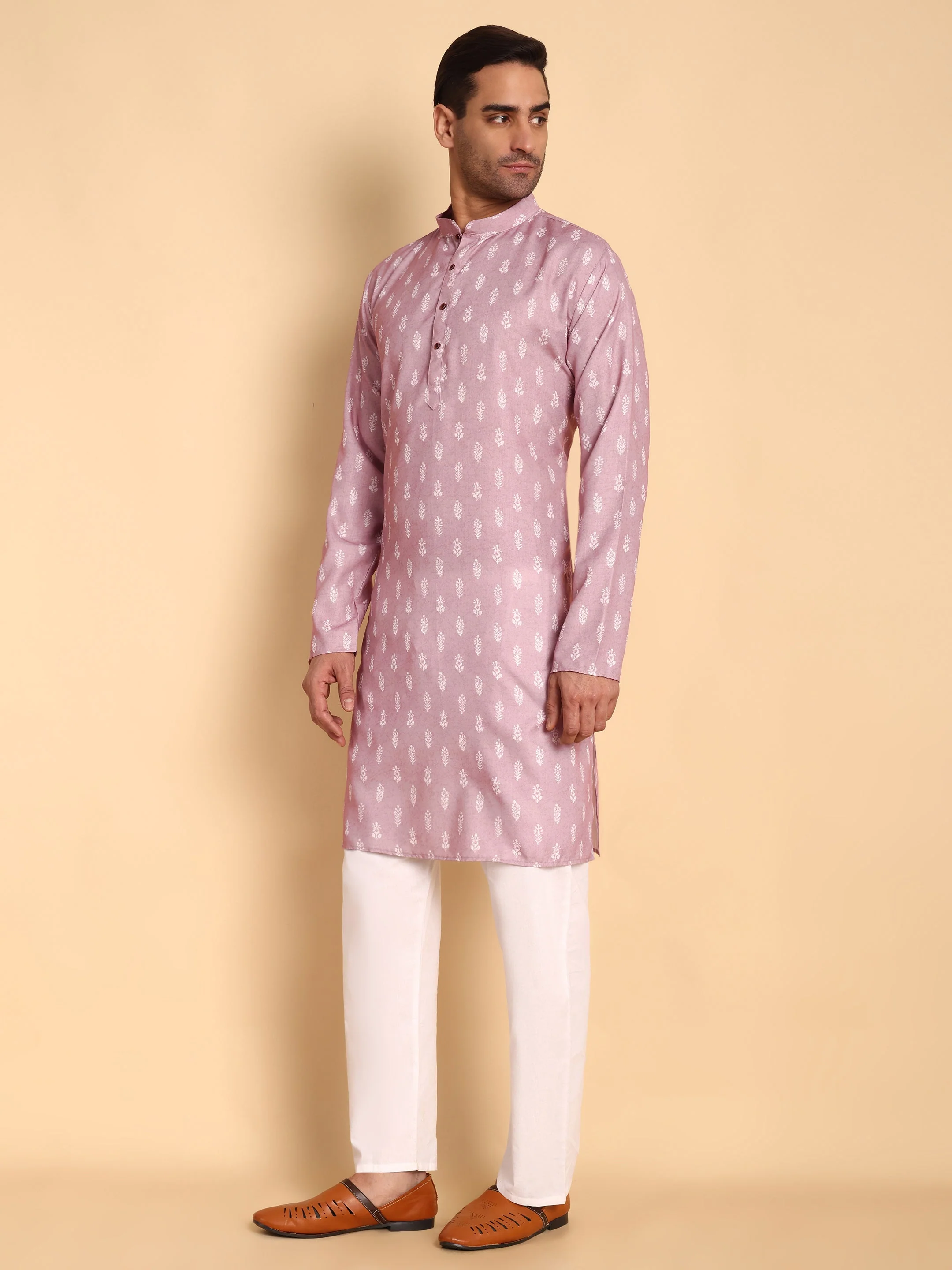Traditional Pink Botalical Damask Printed Men's Cotton Kurta - Image 4