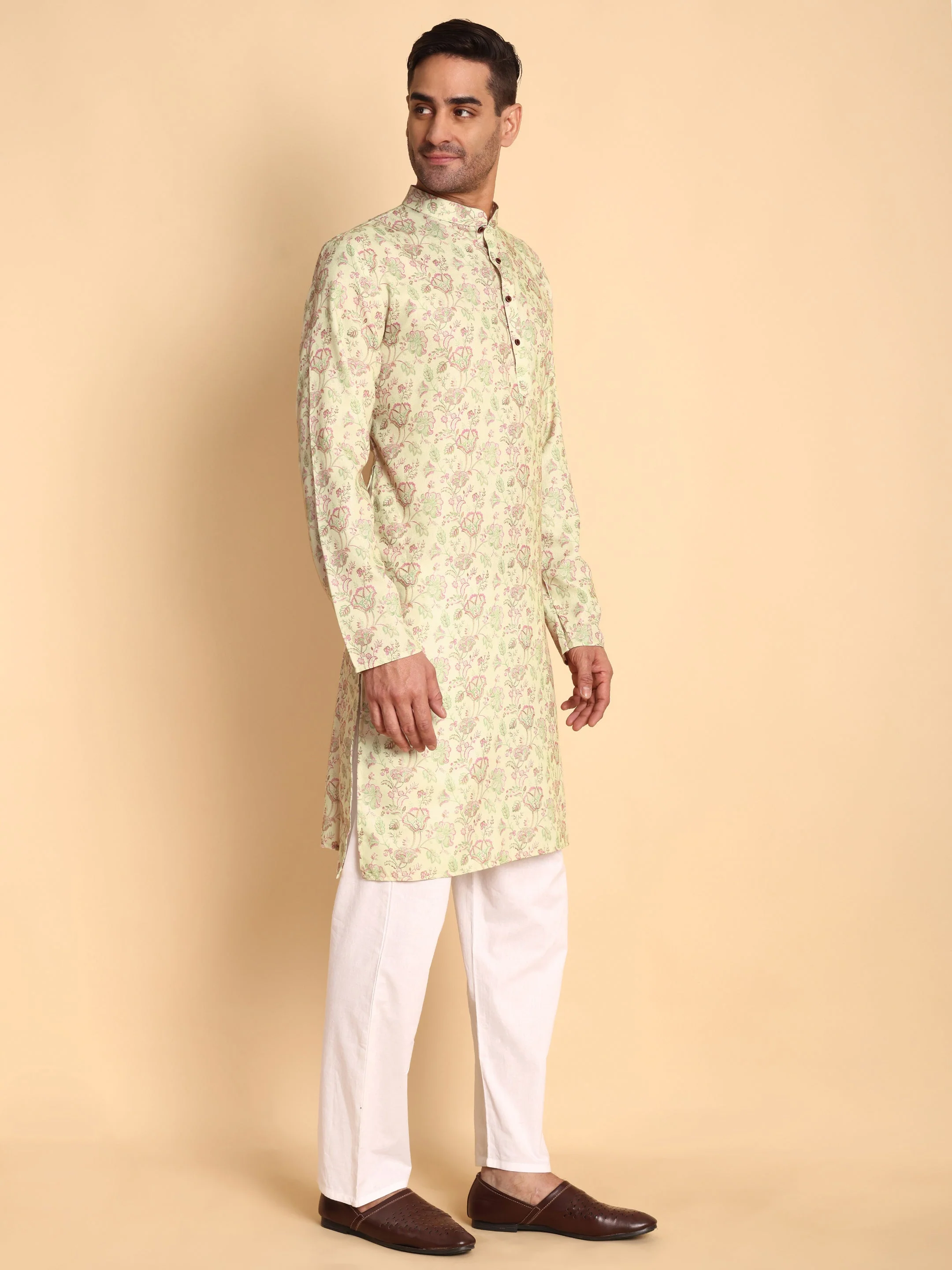 Traditional Pink Chinoiserie Printed Men's Cotton Kurta - Image 5