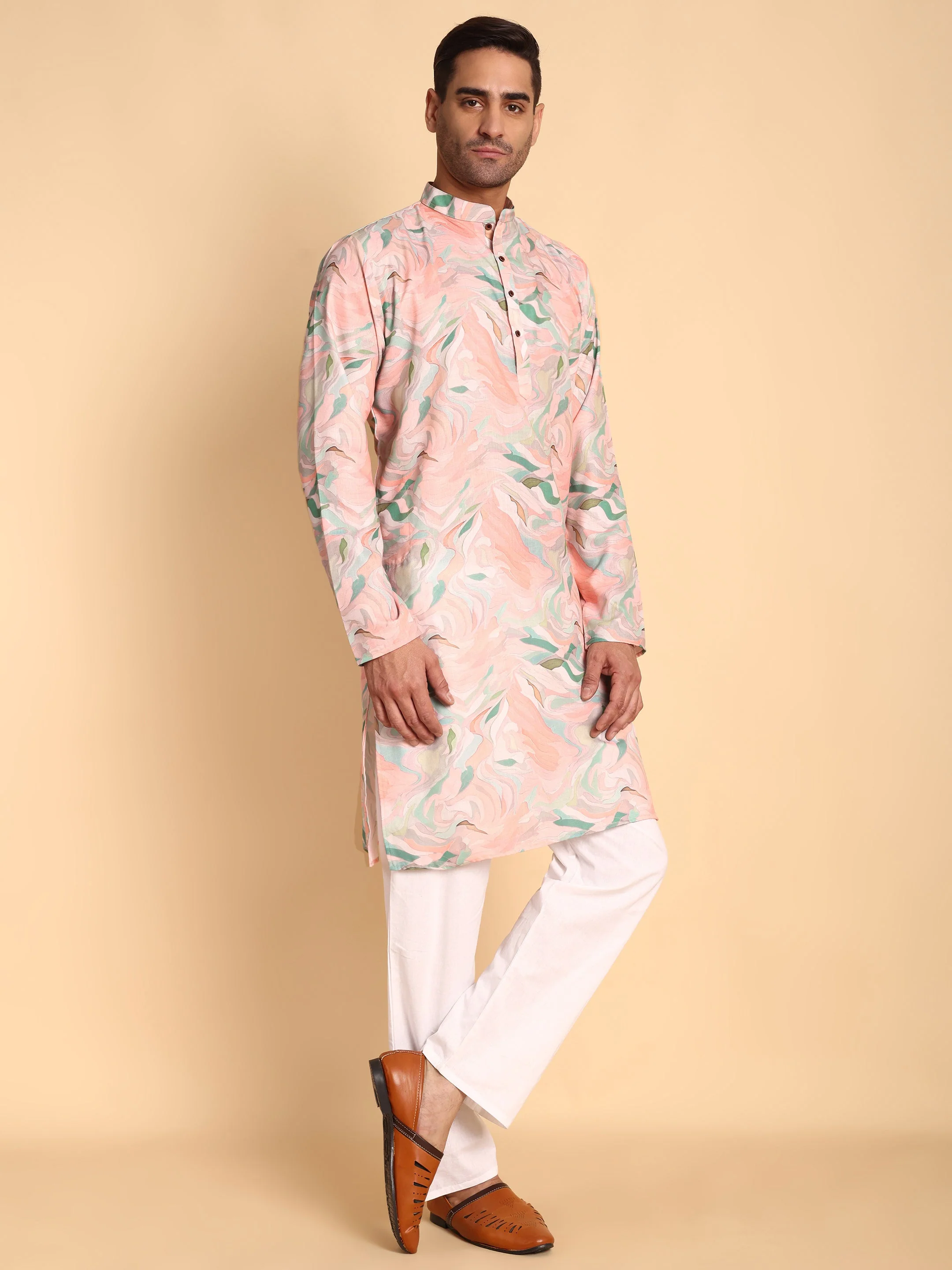 Traditional Pink Impressionist Printed Men's Cotton Kurta - Image 5