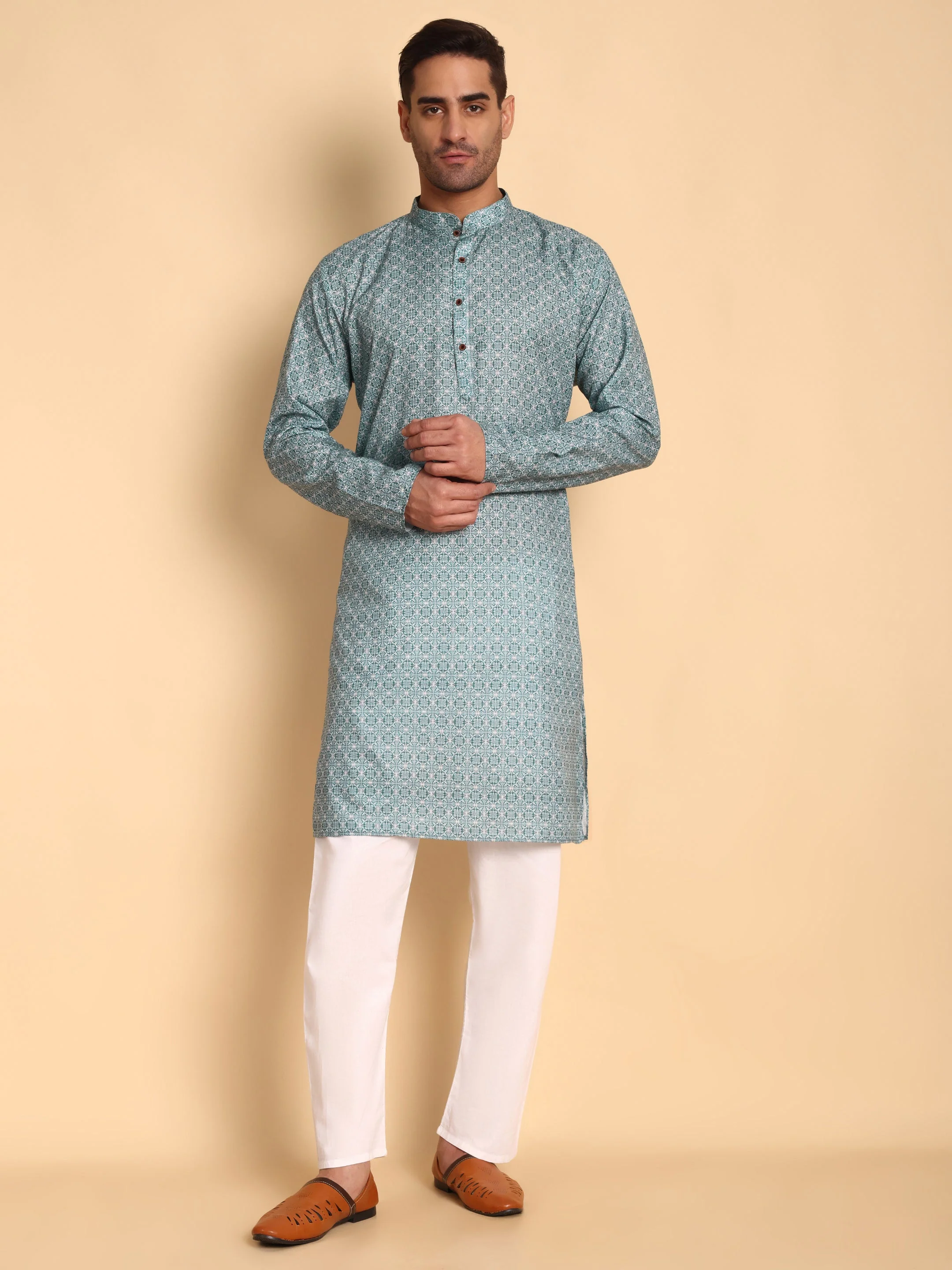 Traditional Teal Arabesque Batik Printed Men's Cotton Kurta - Image 8