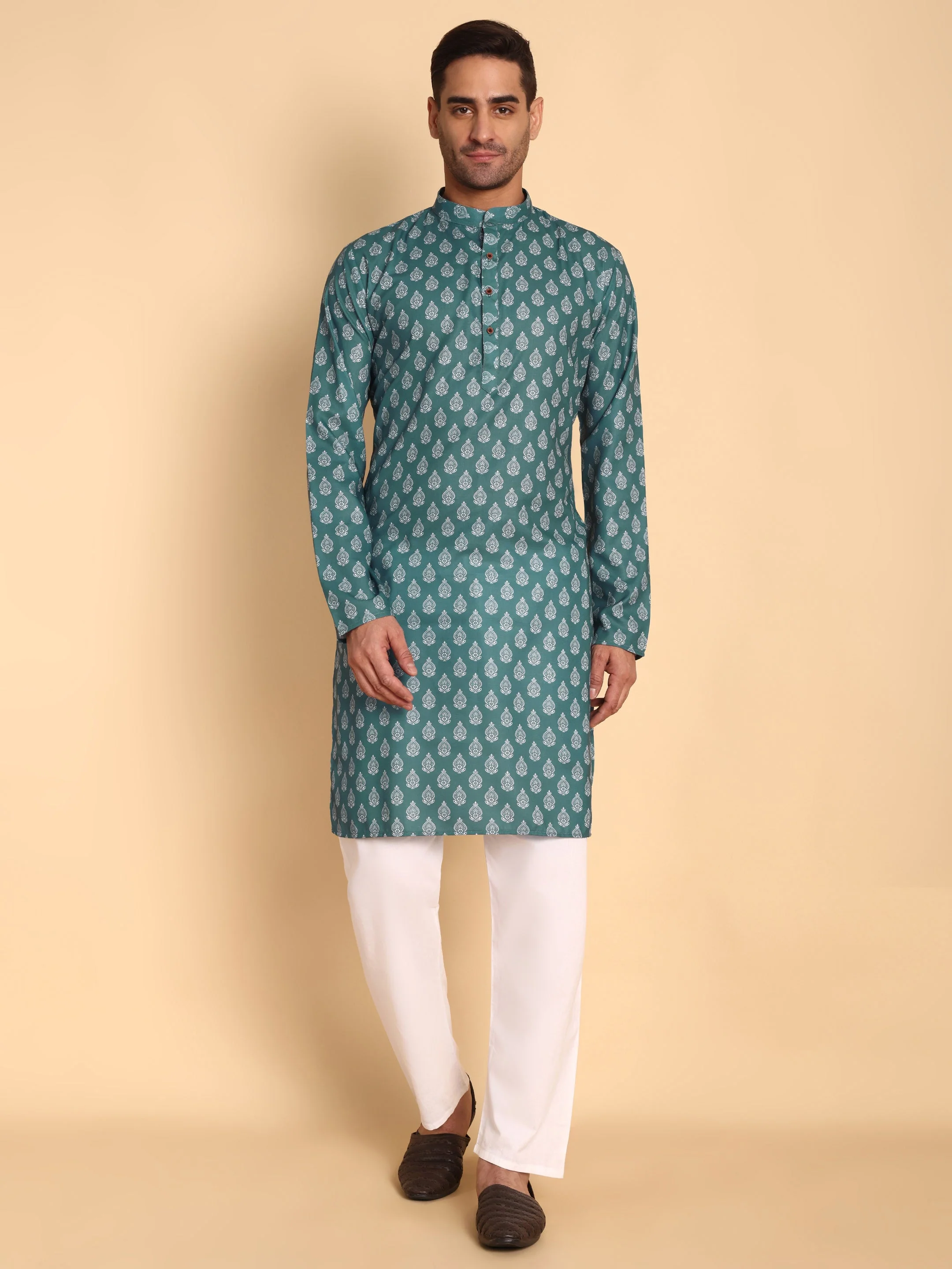 Traditional Teal Retro Fleur De Lis Printed Men's Cotton Kurta - Image 9