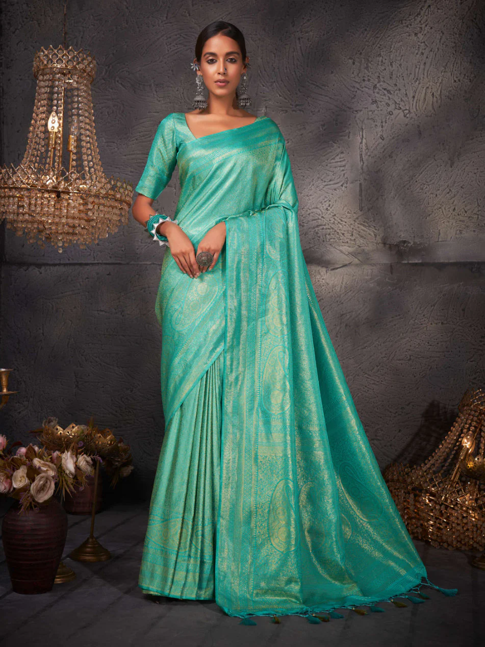 Turquoise Blue Gold Zari Kanjivaram Silk Saree - Image 3