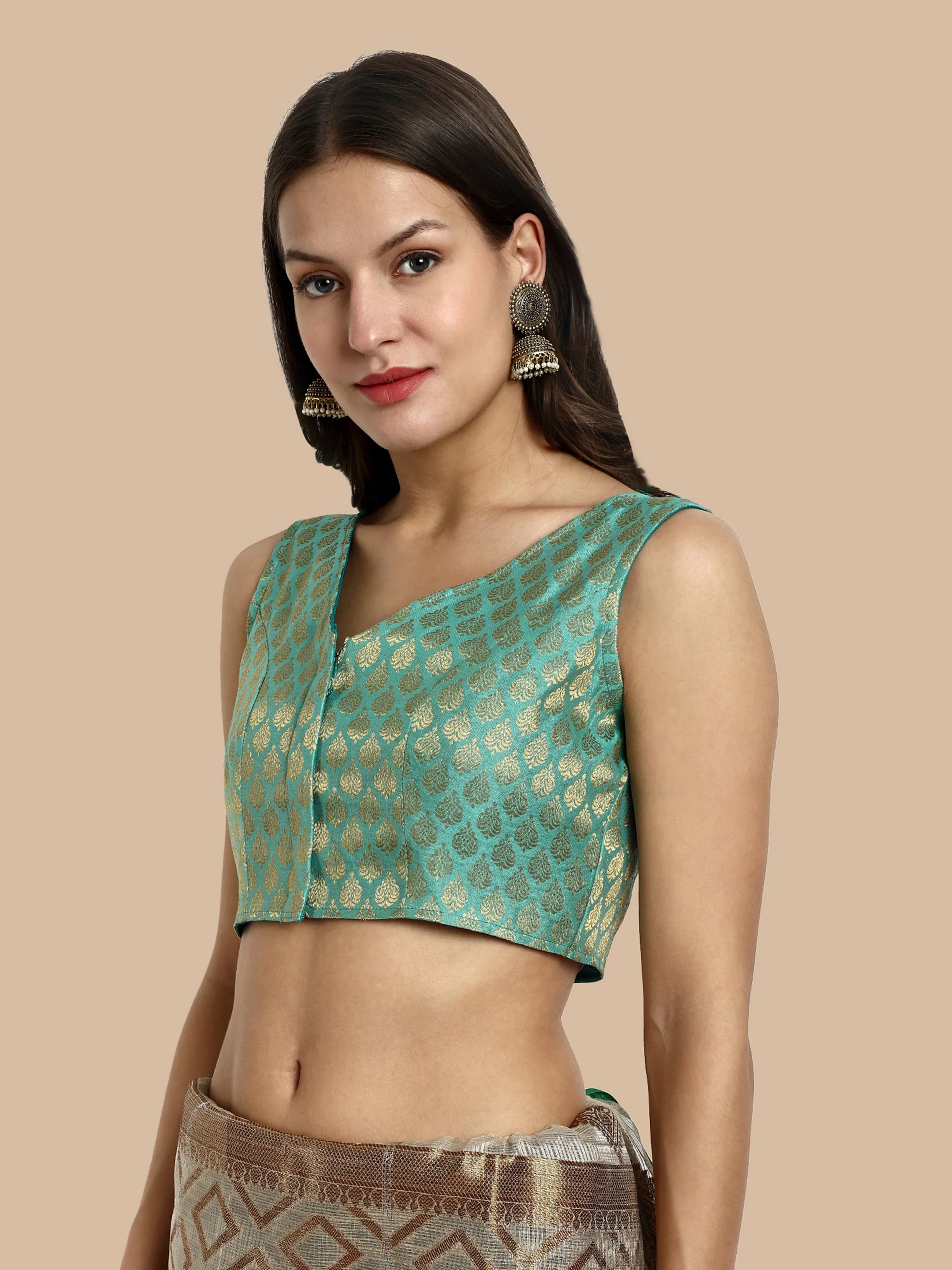 Turquoise Green V-Neck Sleeveless Brocade Blouse - Image 3