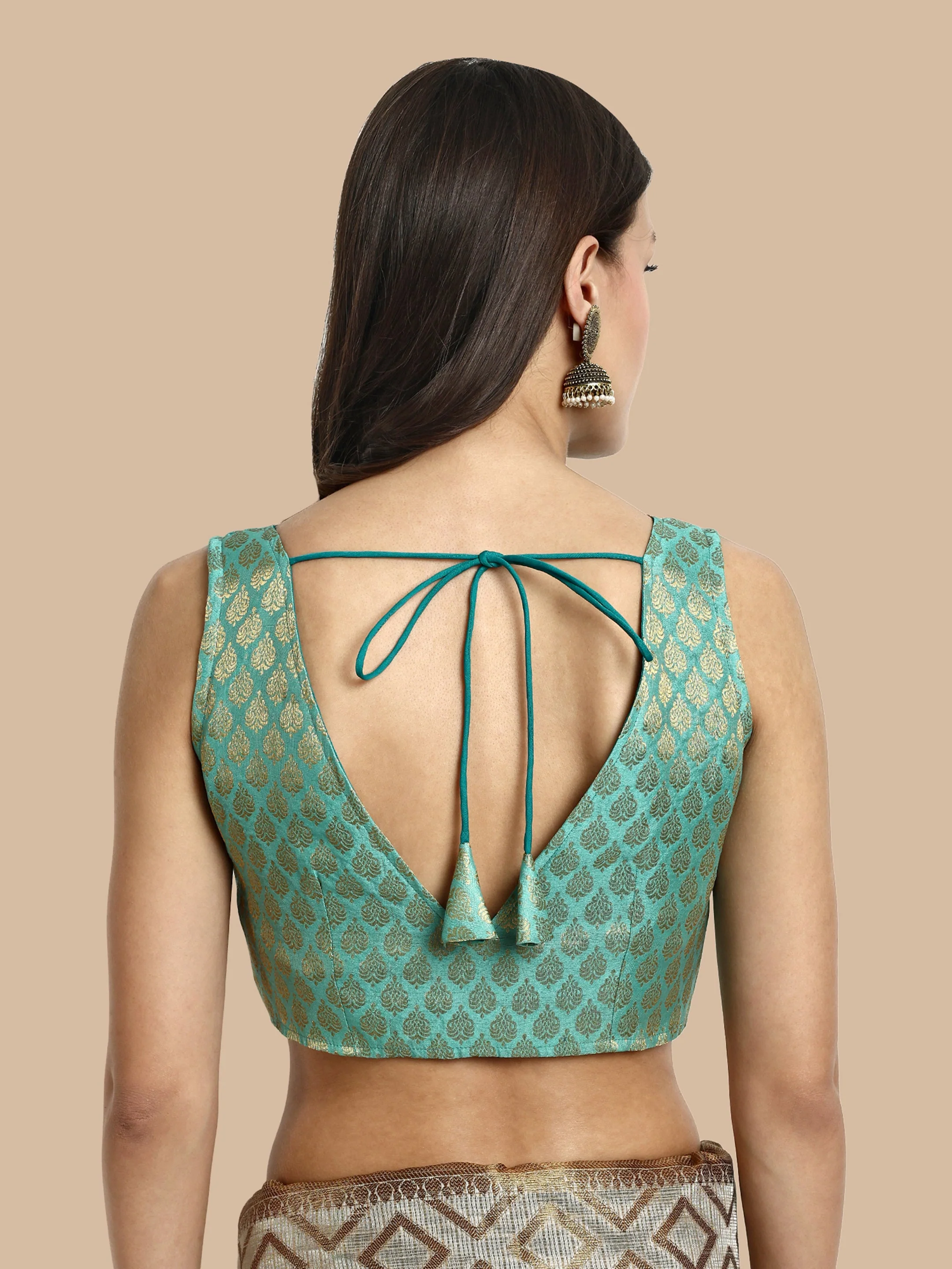 Turquoise Green V-Neck Sleeveless Brocade Blouse - Image 4