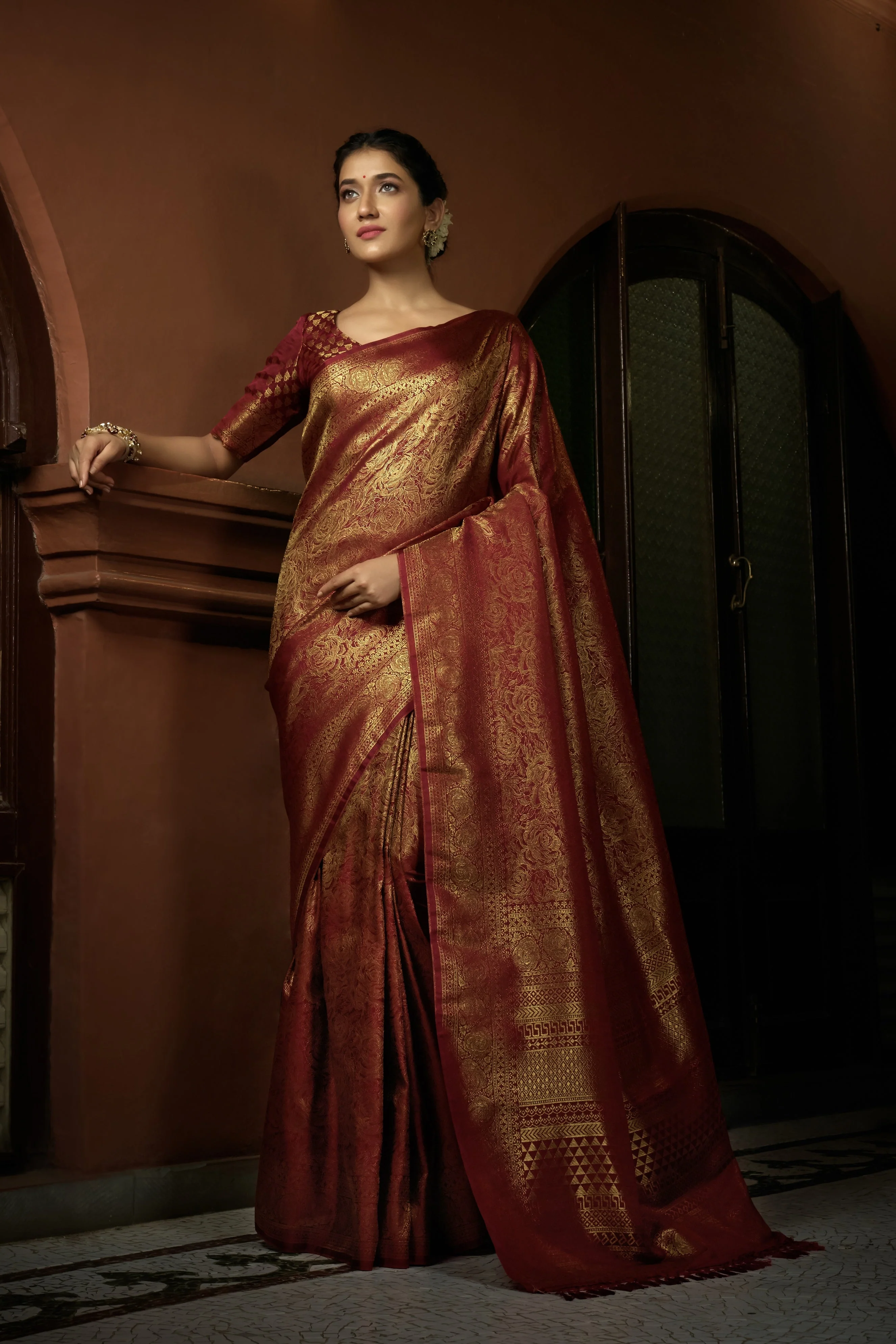 Venetian Maroon Golden Zari Kanjivaram Silk Saree - Image 6