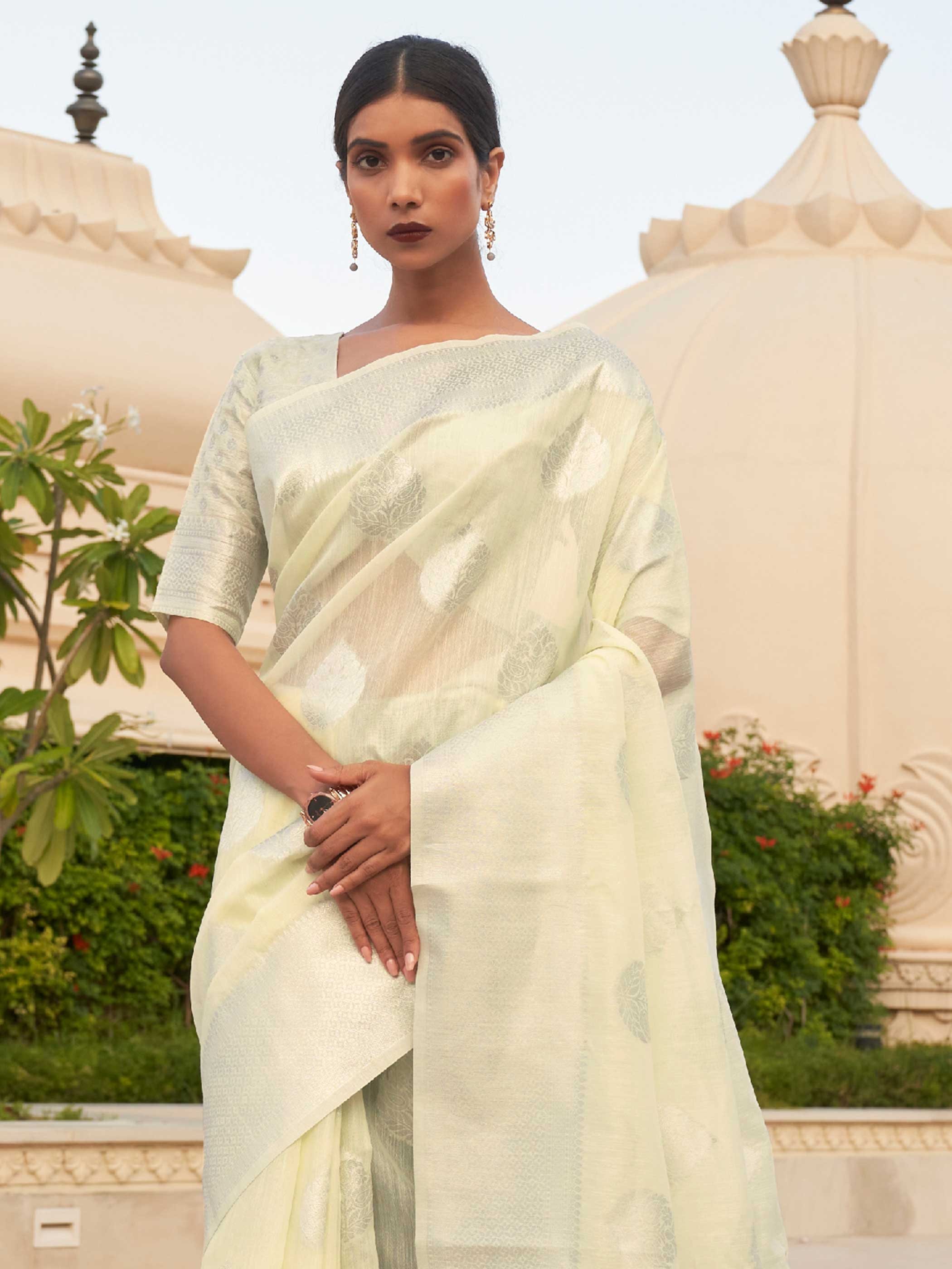 White Linen Saree with Woven Floral Design - Image 3