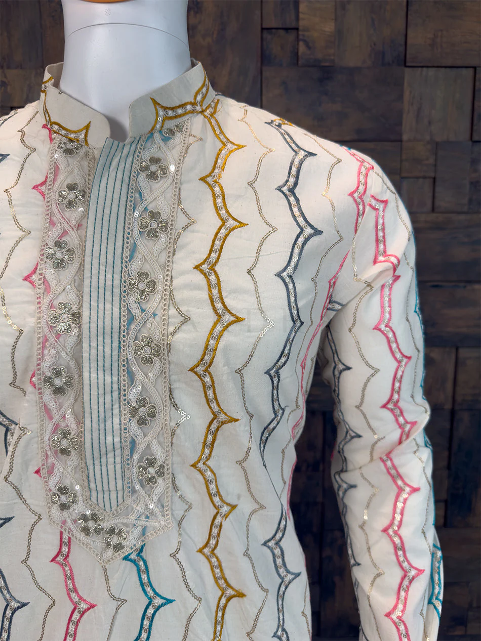 White Pure Cotton Kurta with Multi-Color Zig-Zag Sequin Embroidery - Image 4