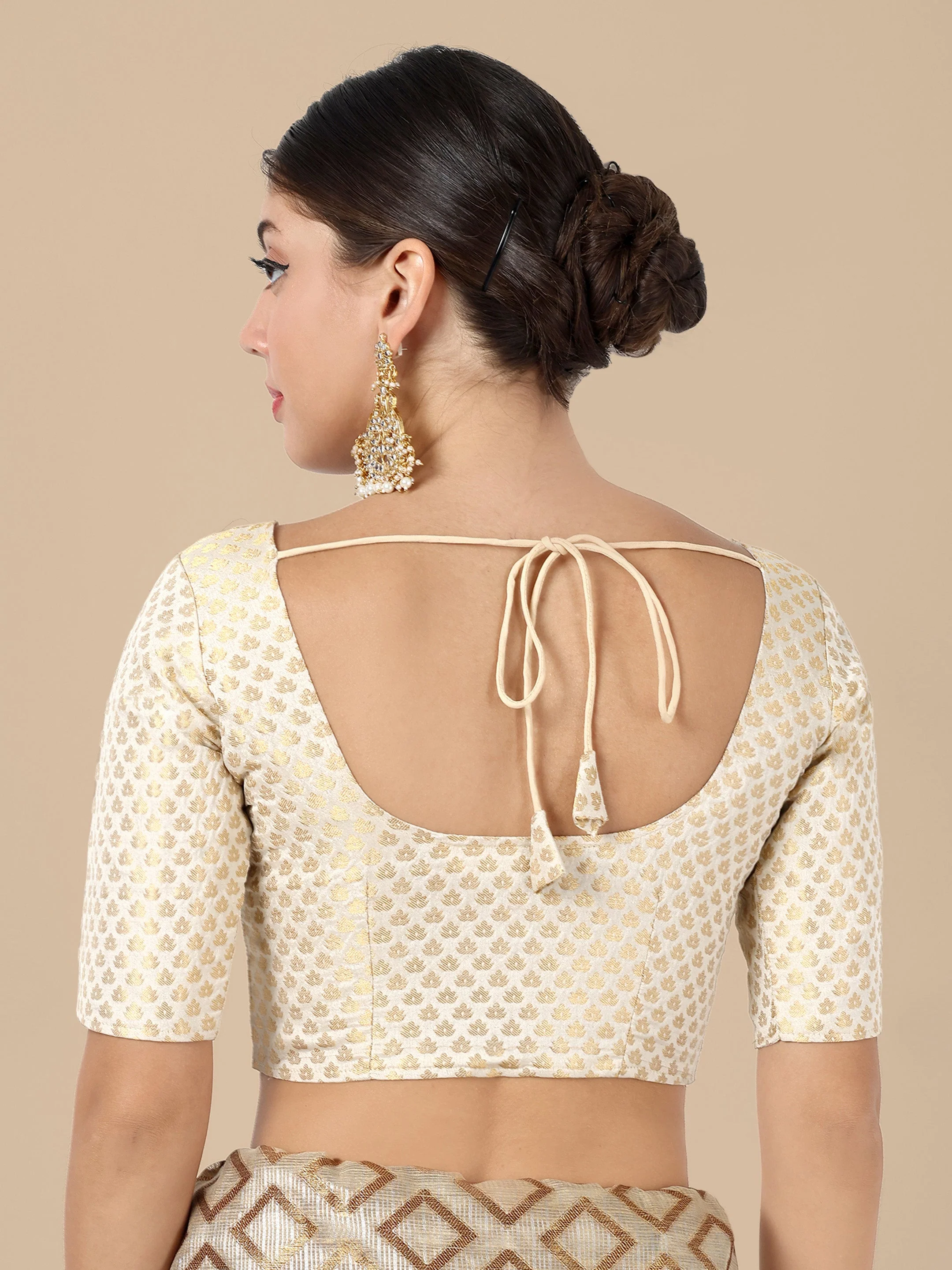 White Round Neck Brocade Blouse - Image 3