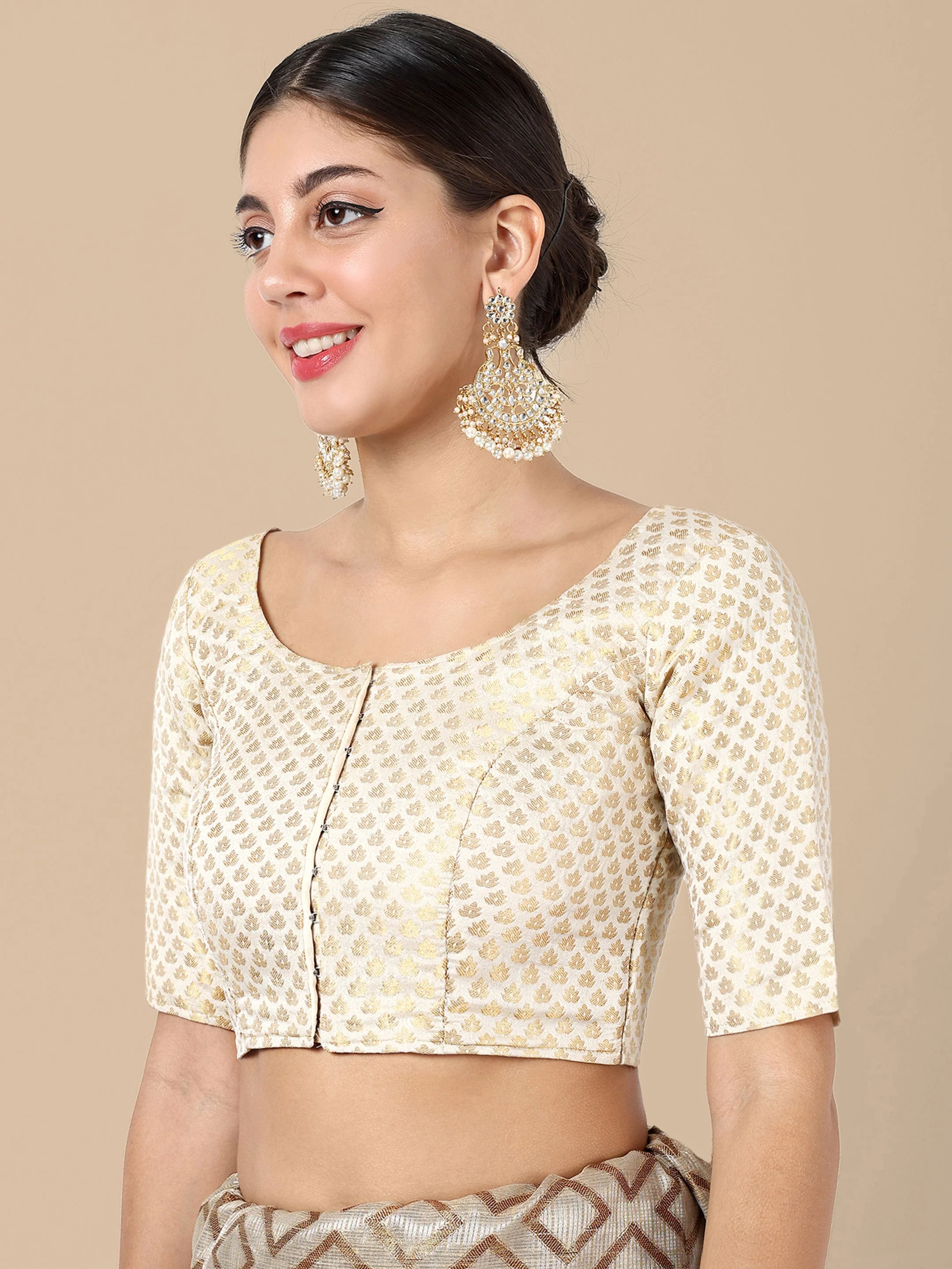 White Round Neck Brocade Blouse - Image 4
