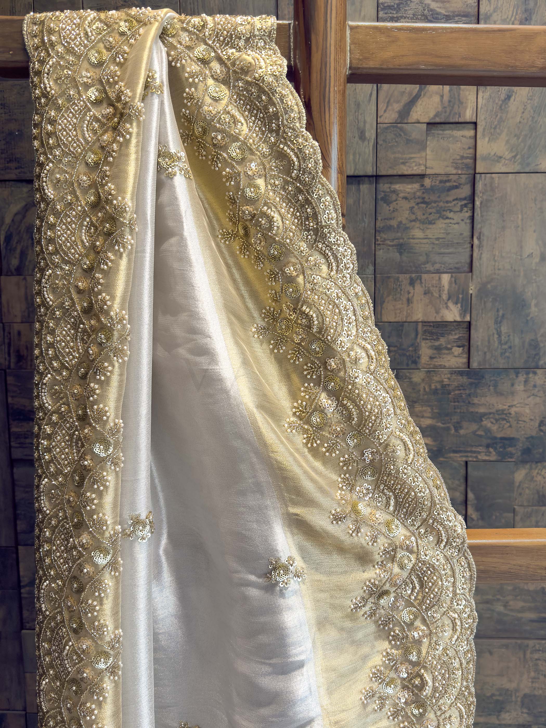 White Tissue Silk Saree with Heavy Hand Zardozi & Pearl Work - Image 2