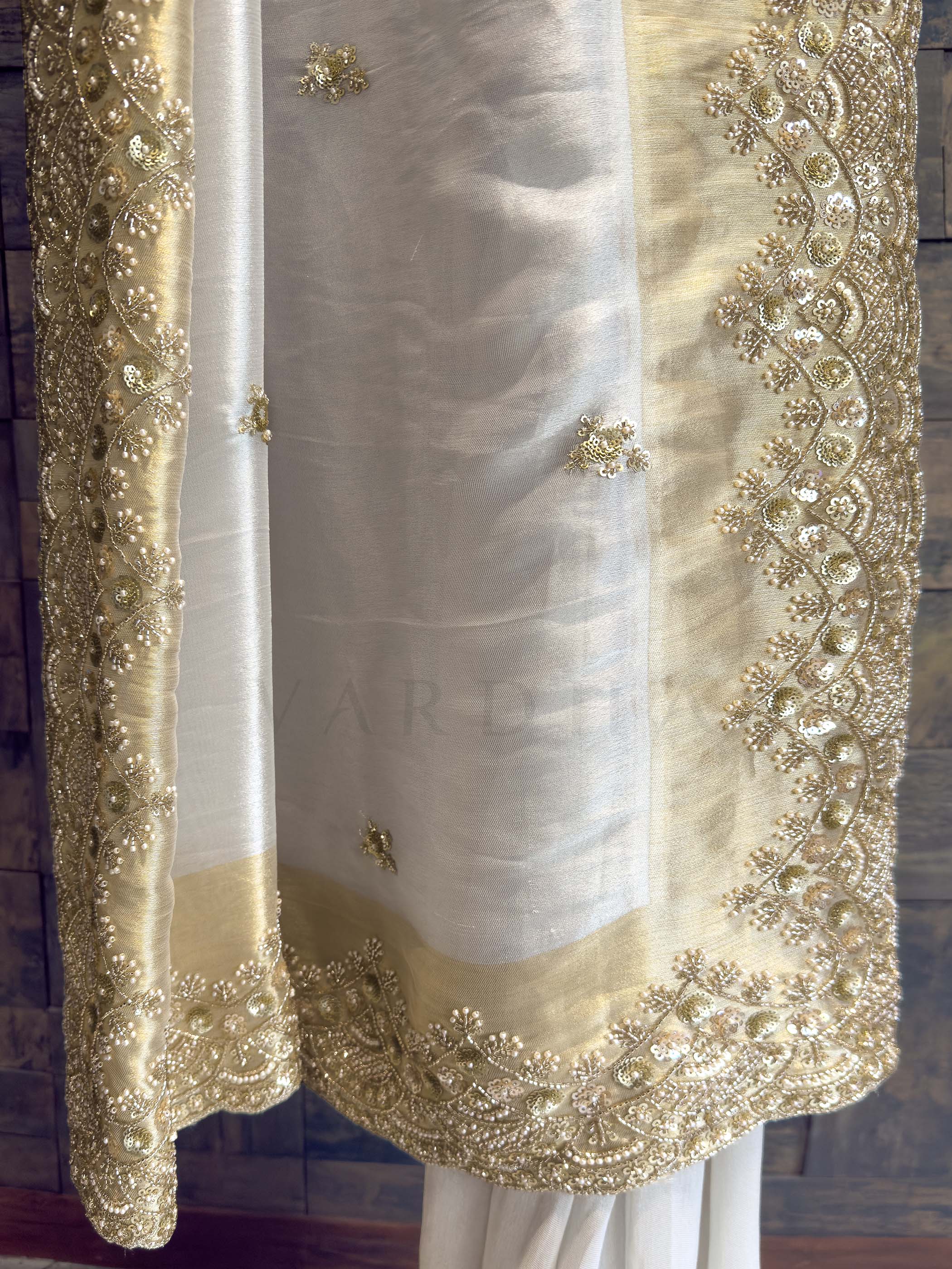 White Tissue Silk Saree with Heavy Hand Zardozi & Pearl Work - Image 3
