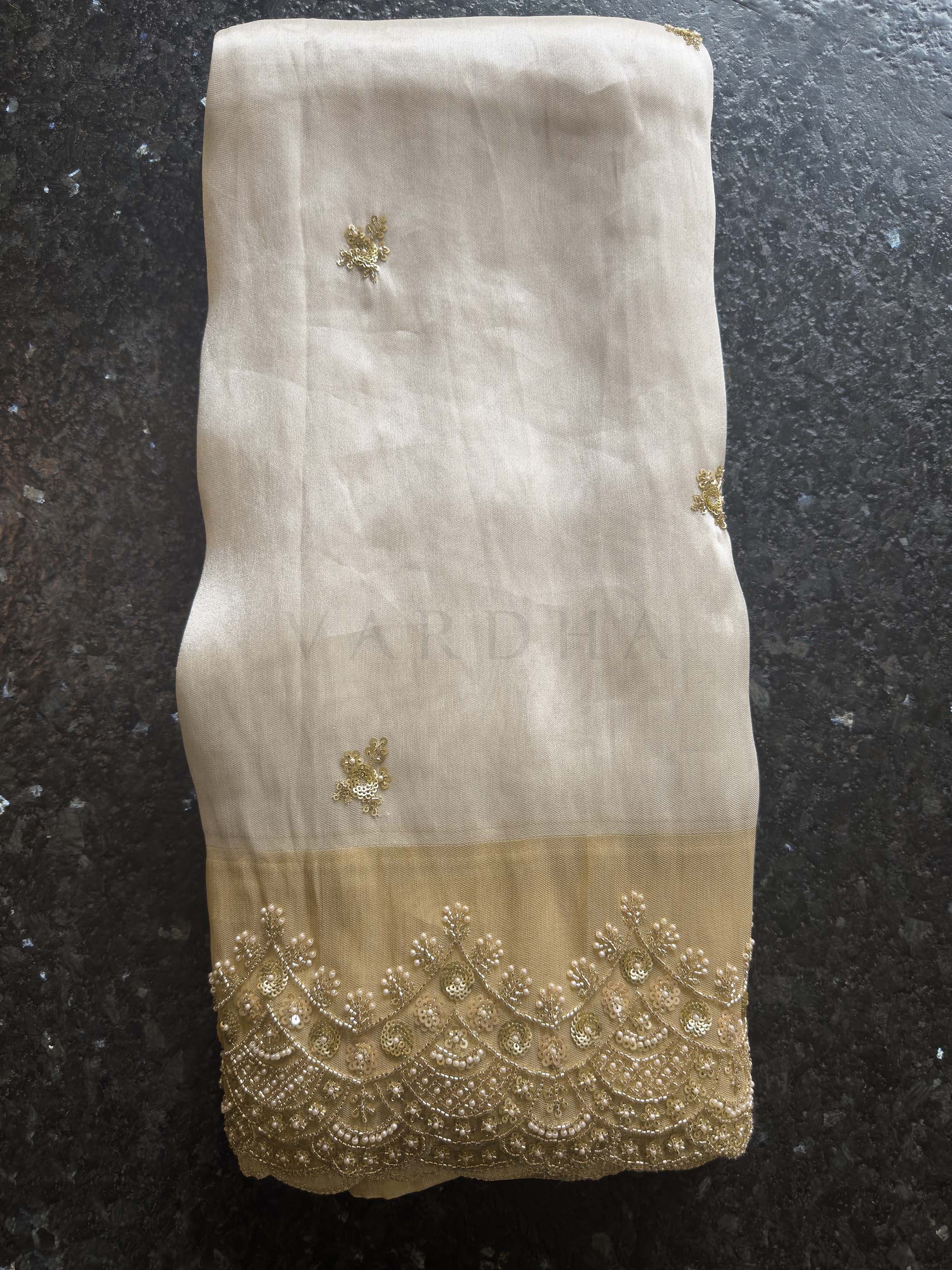 White Tissue Silk Saree with Heavy Hand Zardozi & Pearl Work - Image 5