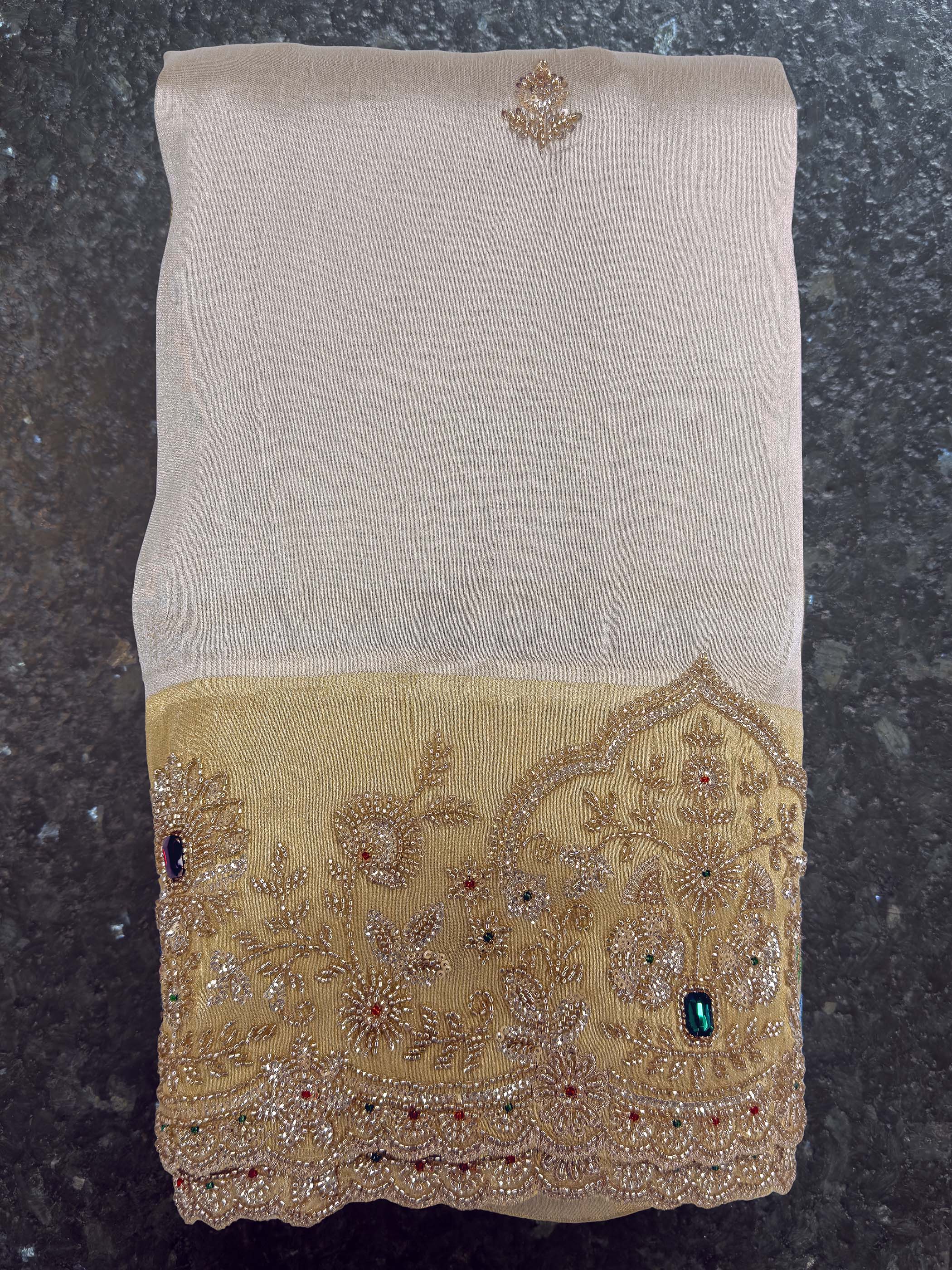White Tissue Silk Saree with Heavy Hand Zardozi & Stone Work - Image 5