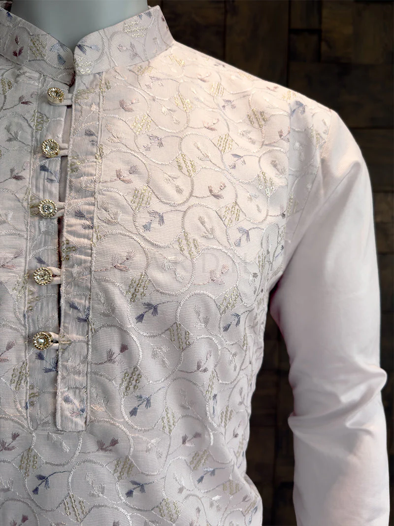 White Viscose Kurta with Multi-Color Pastel Thread & Sequin Embroidery - Image 4