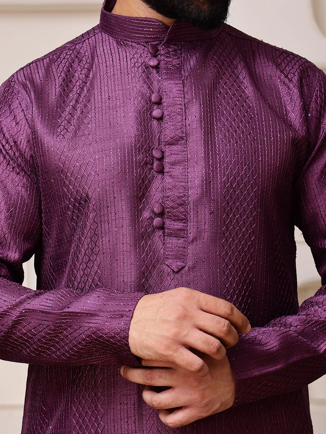 Wine Embroidered Kurta with Sequins - Image 3