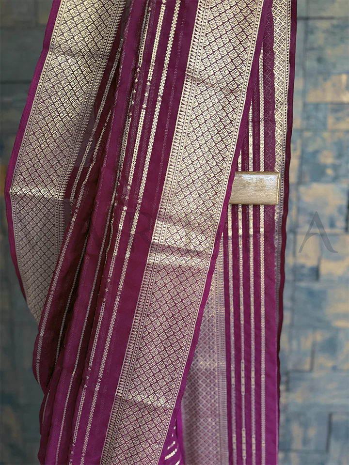 Wine Feather Soft Georgette Saree With Gold Zari - Image 3