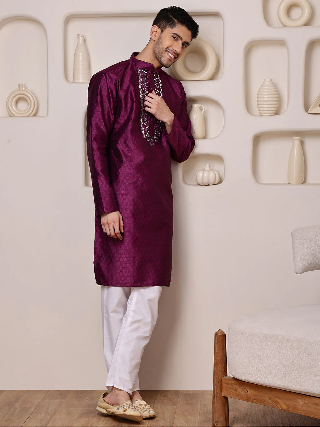 Wine Jacquard Kurta with Mirror Work - Image 3