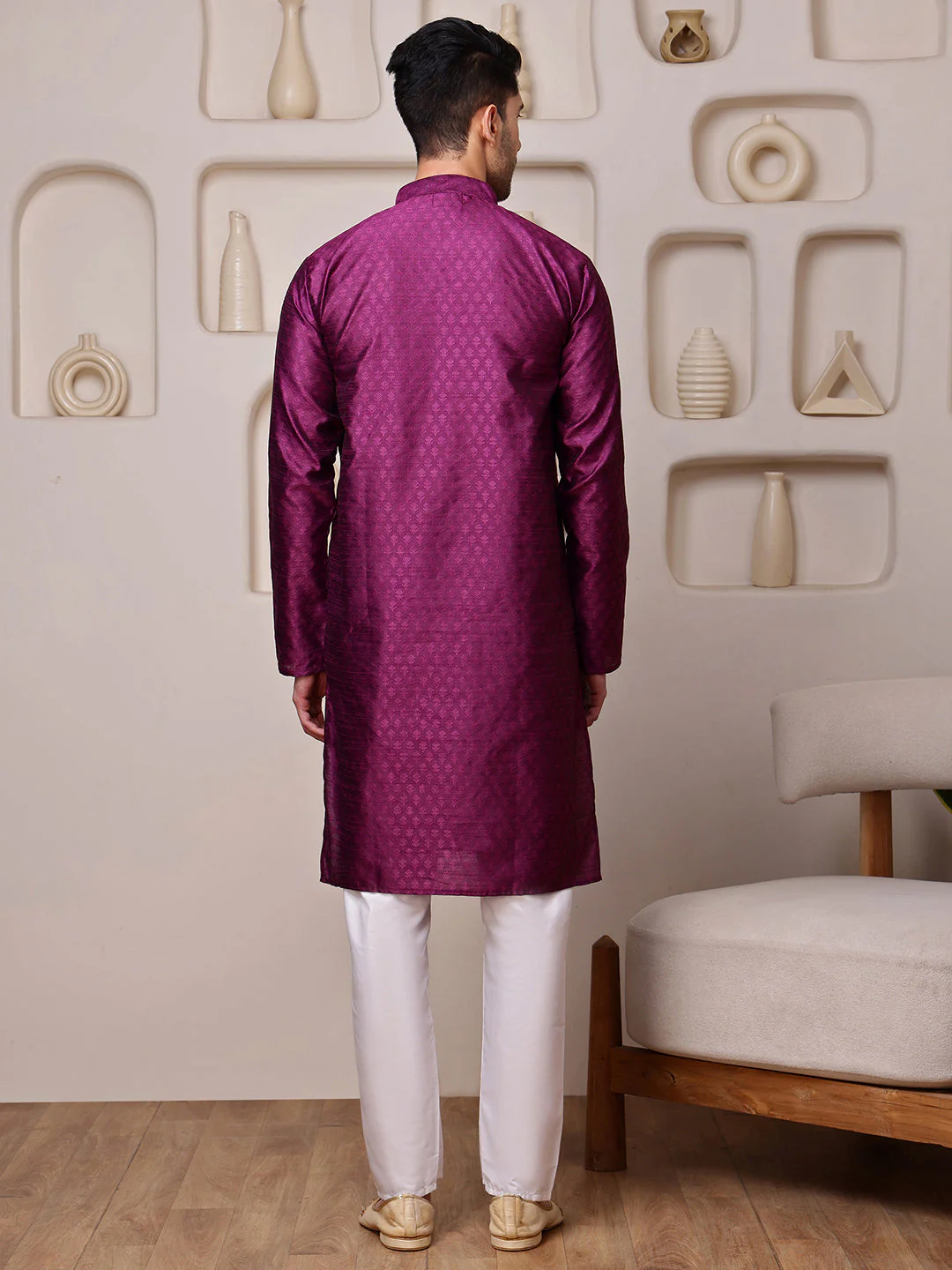Wine Jacquard Kurta with Mirror Work - Image 4