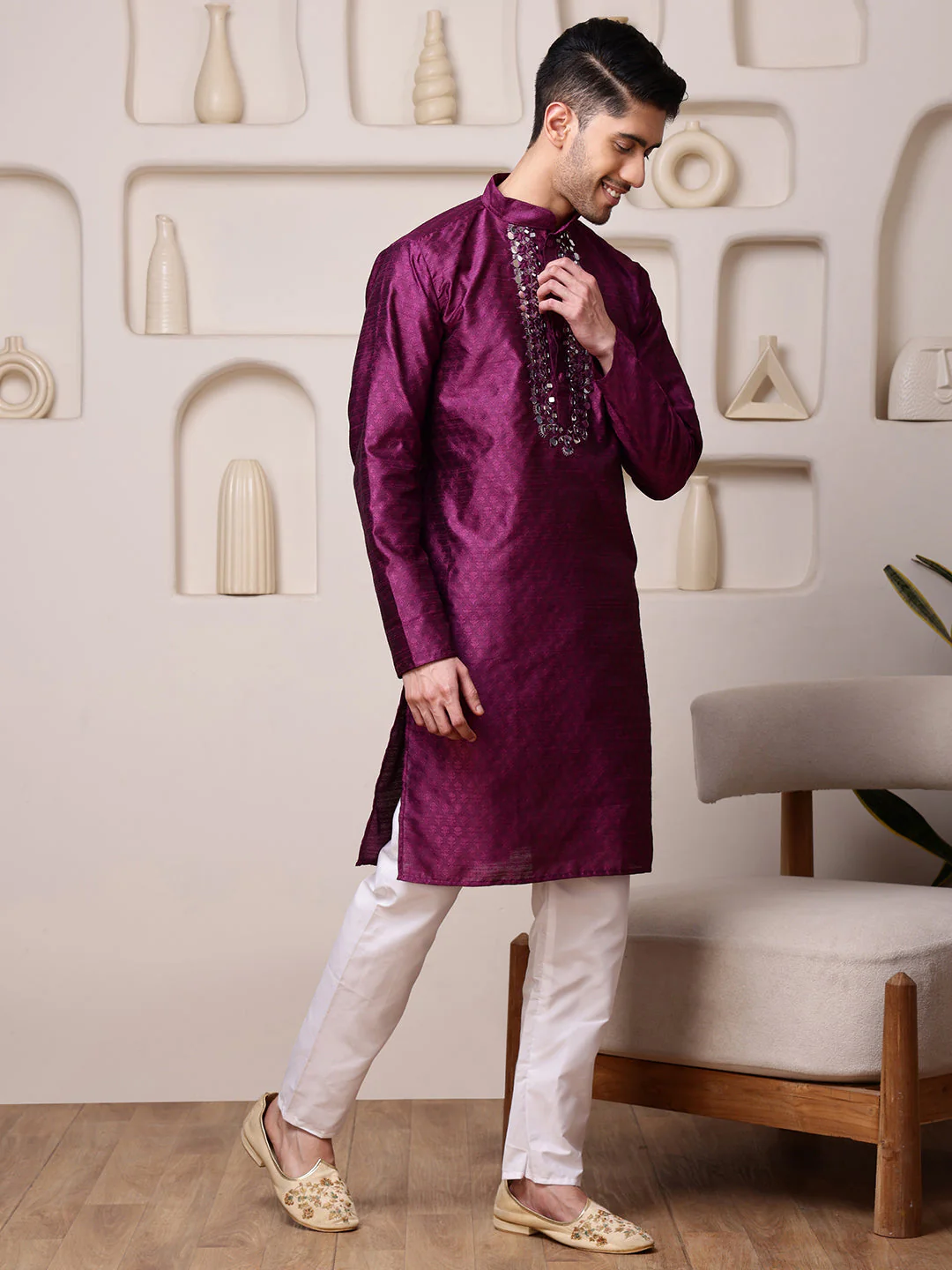 Wine Jacquard Kurta with Mirror Work - Image 5