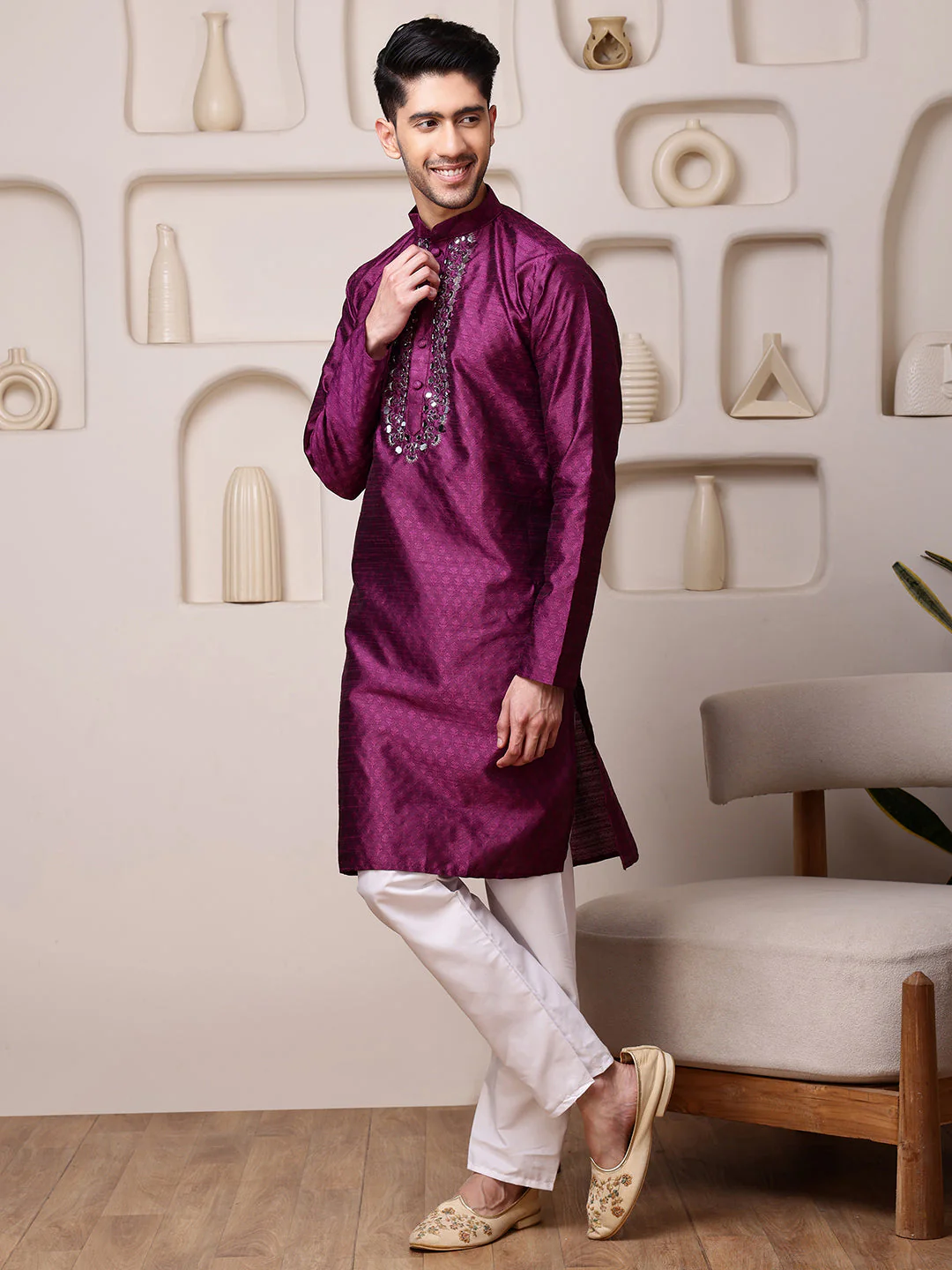 Wine Jacquard Kurta with Mirror Work - Image 6