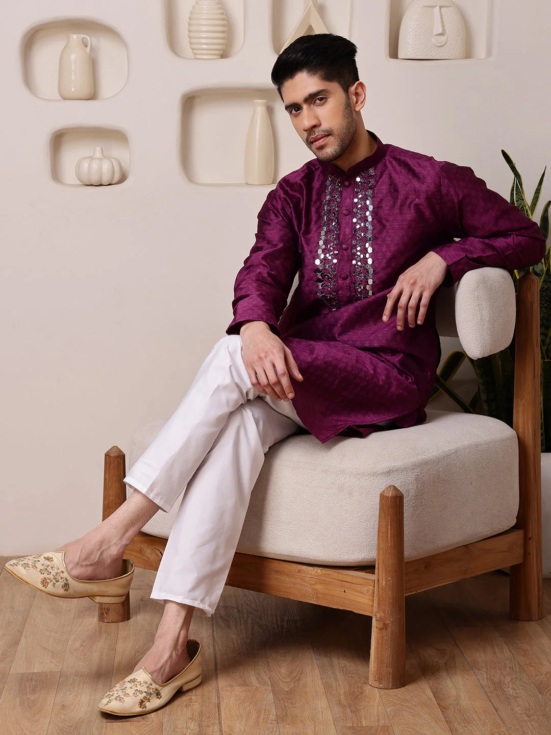 Wine Jacquard Kurta with Mirror Work - Image 7