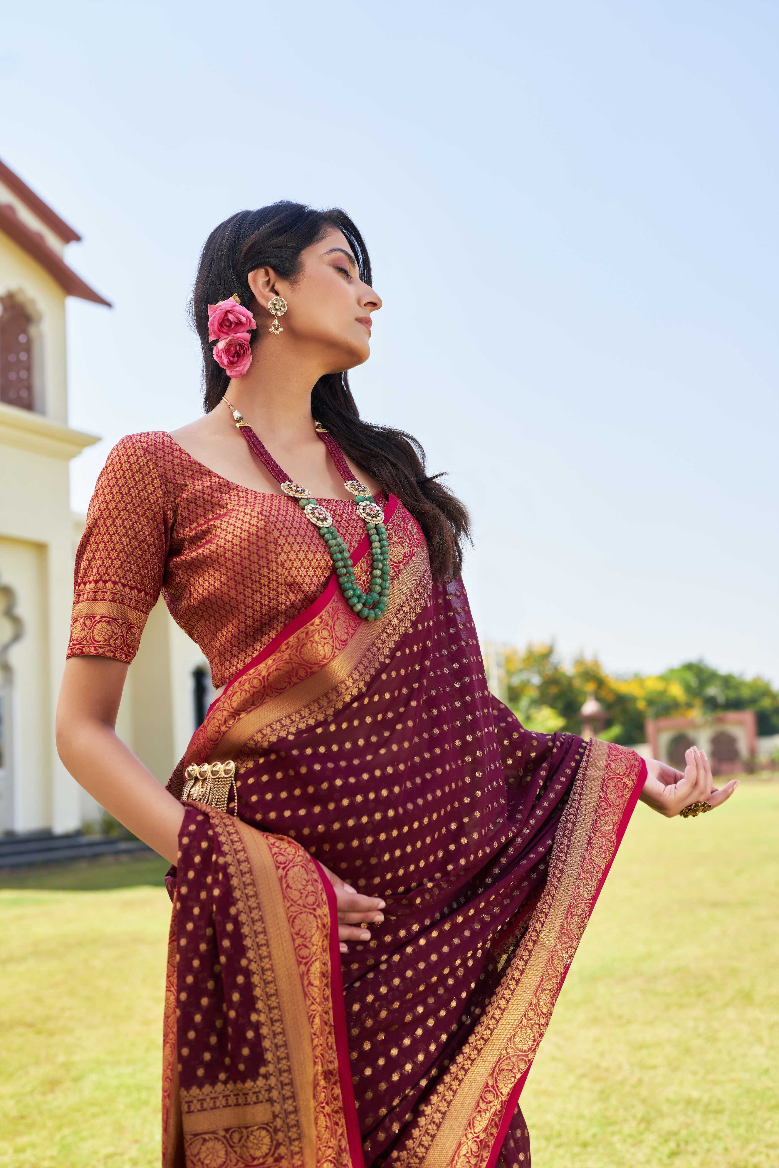 Wine-Pink Gold Zari Georgette Saree - Image 4