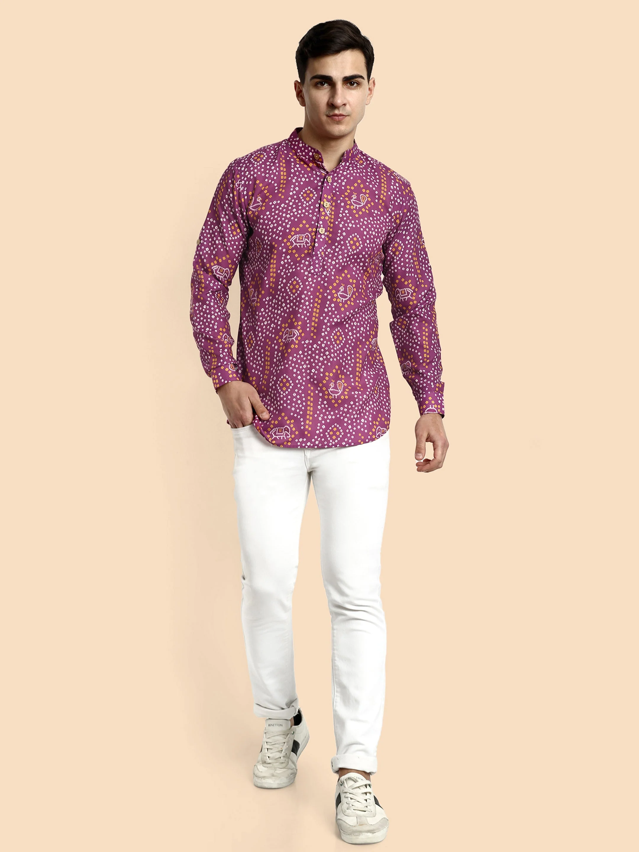 Wine Printed Men's Short Kurta - Image 3