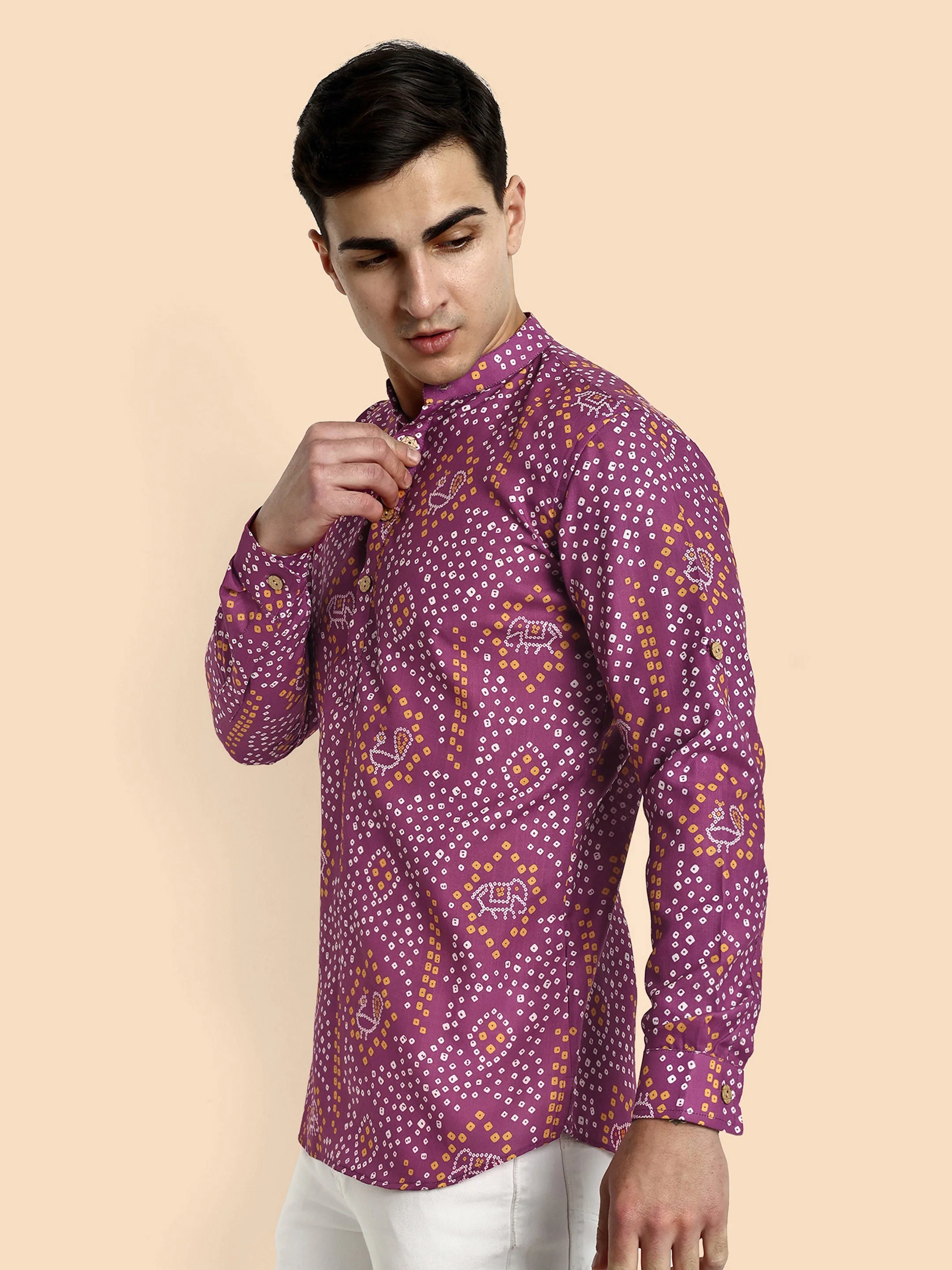 Wine Printed Men's Short Kurta - Image 4