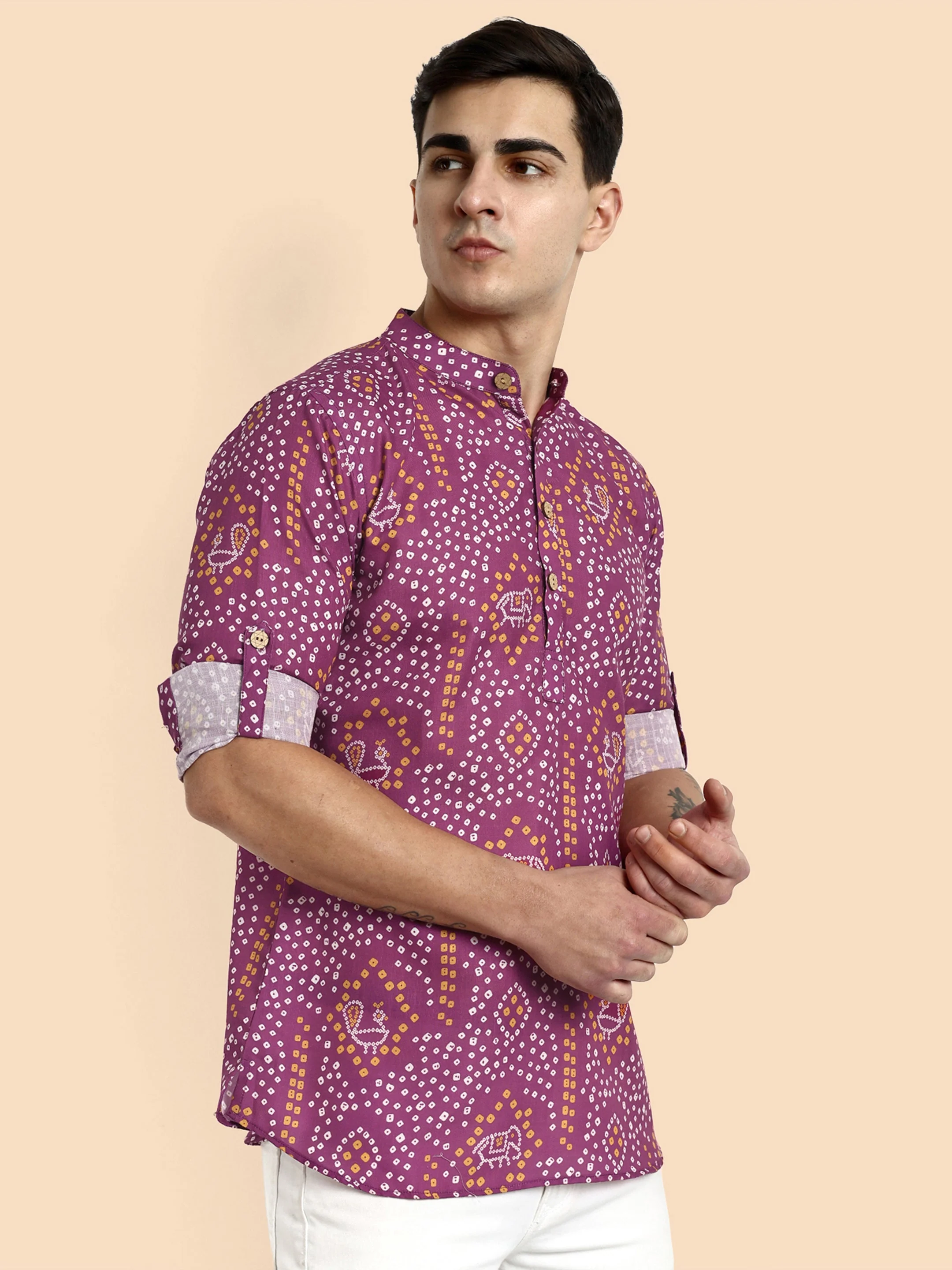 Wine Printed Men's Short Kurta - Image 7