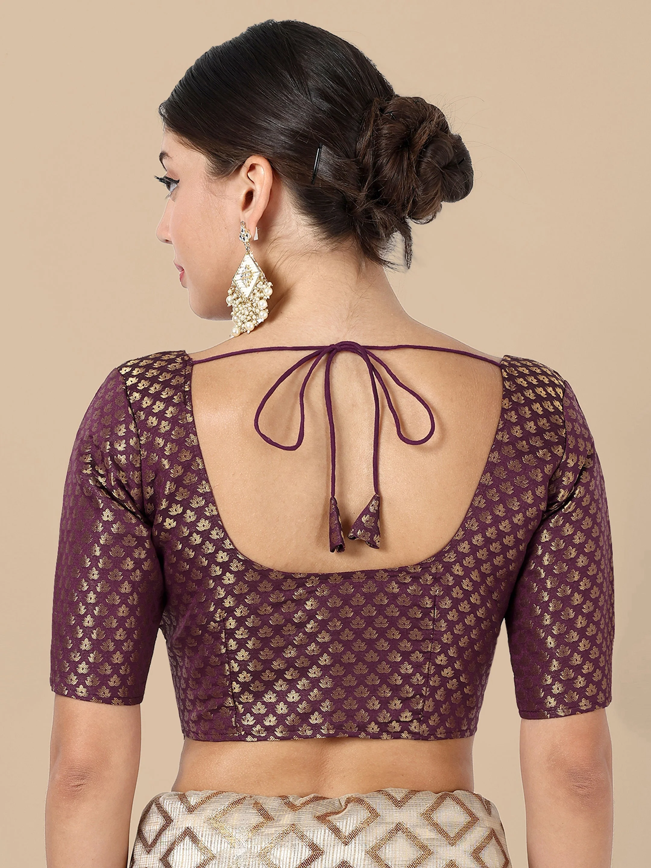 Wine Round Neck Brocade Blouse - Image 3