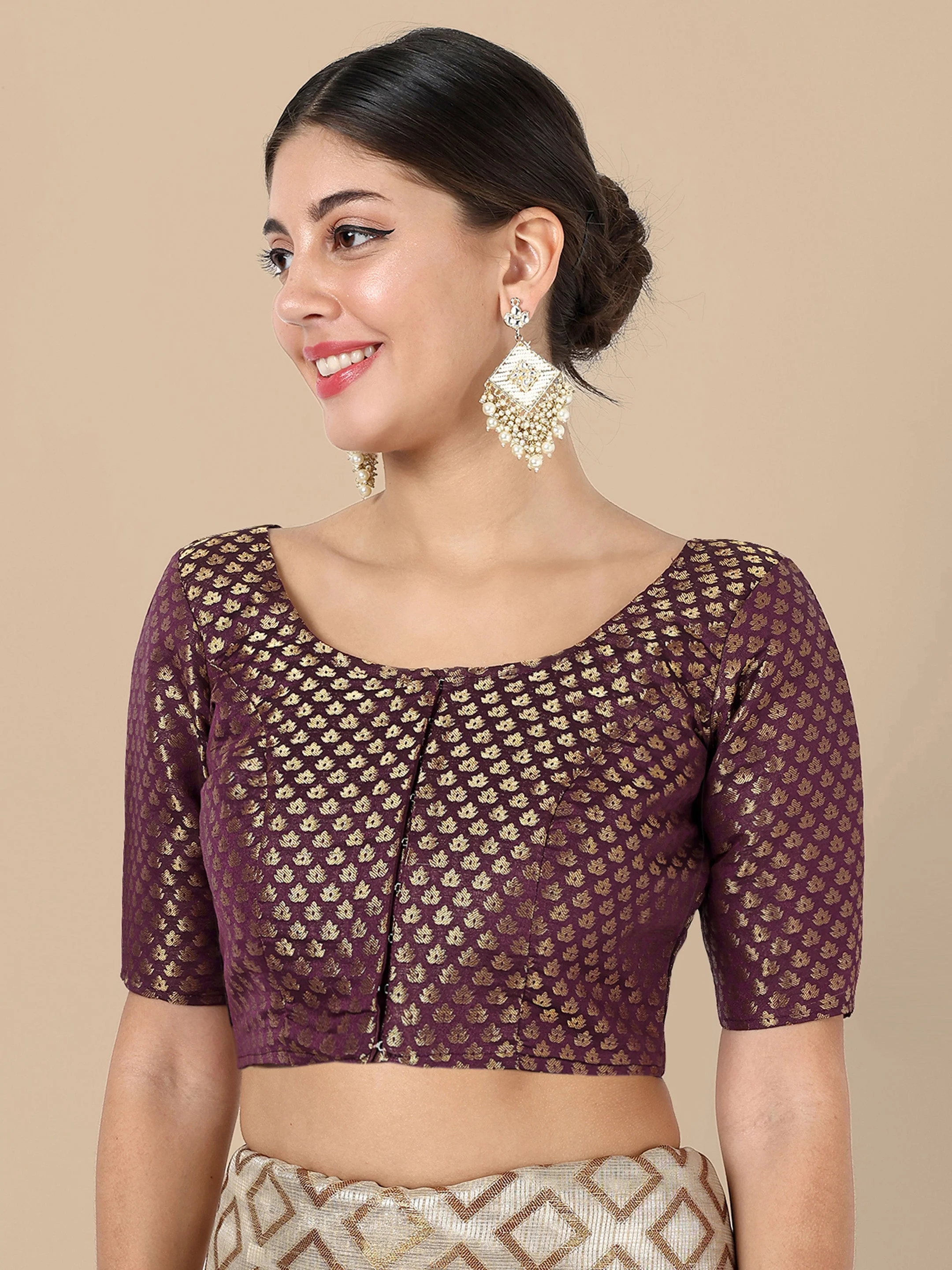 Wine Round Neck Brocade Blouse - Image 4
