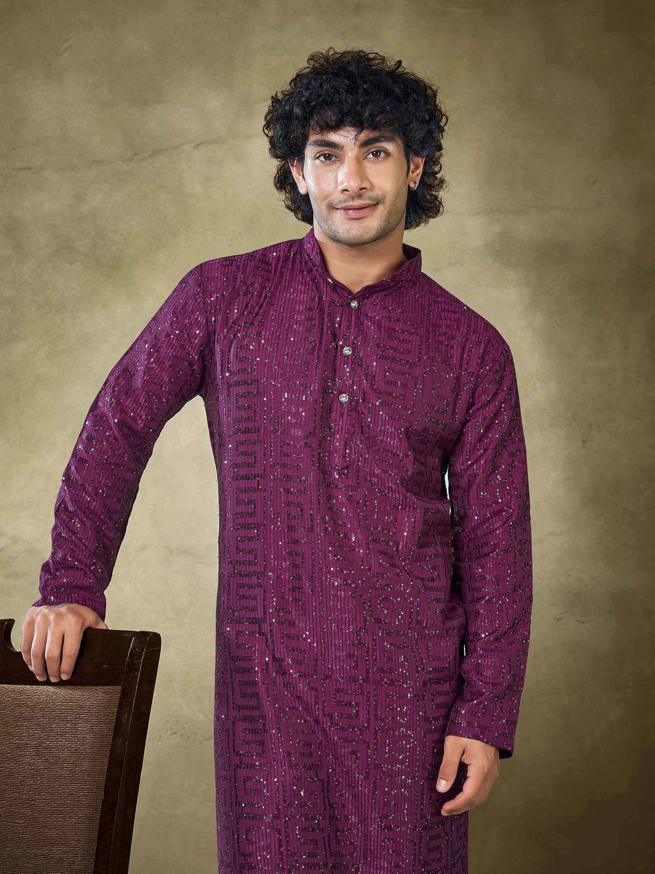 Wine Viscose Thread Sequence Men's Kurta - Image 3