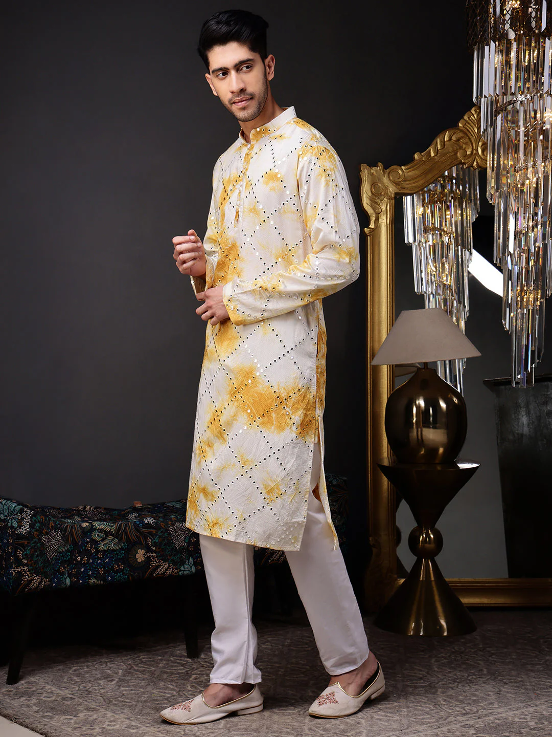 Yellow Abstract Kurta with Tie-Dye and Mirror Work - Image 6