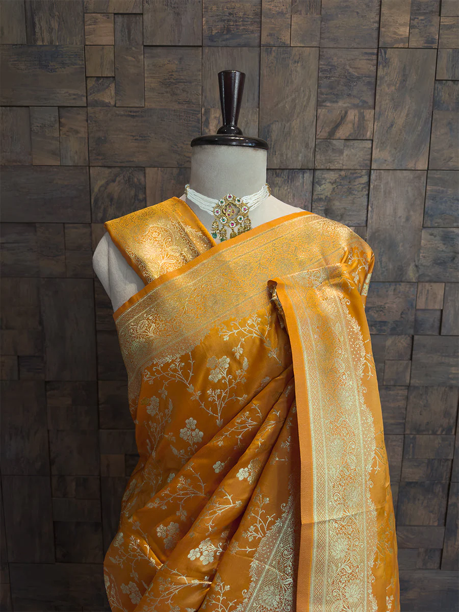 Yellow Banarasi Satin Silk Saree with Gold Zari - Image 2